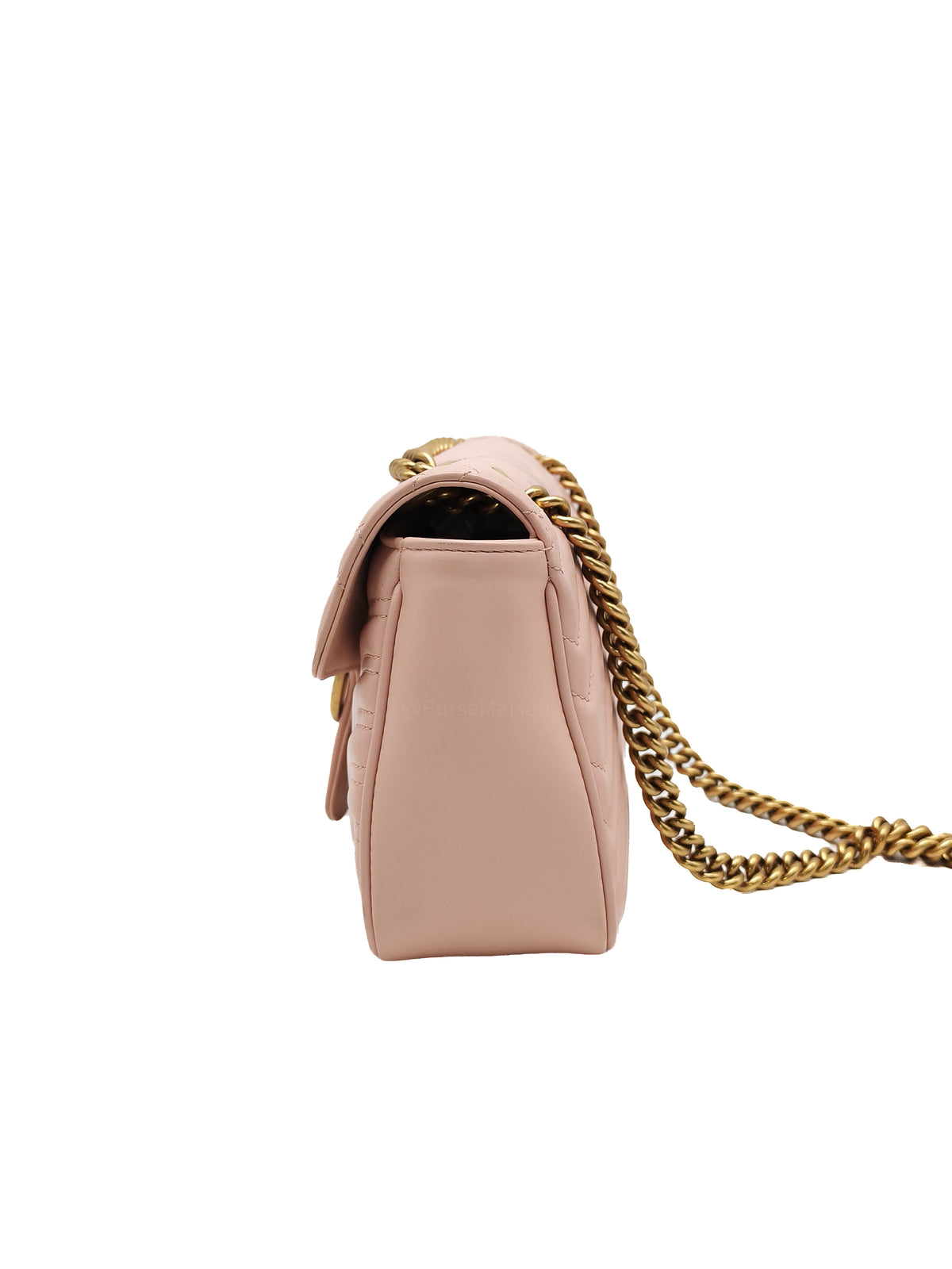 Gucci GG Marmont Small Shoulder Bag in Dusty Pink Chevron Quilted Matelasse Calfskin Leather and Aged Gold Hardware | Purse Maison Luxury Bags Shop