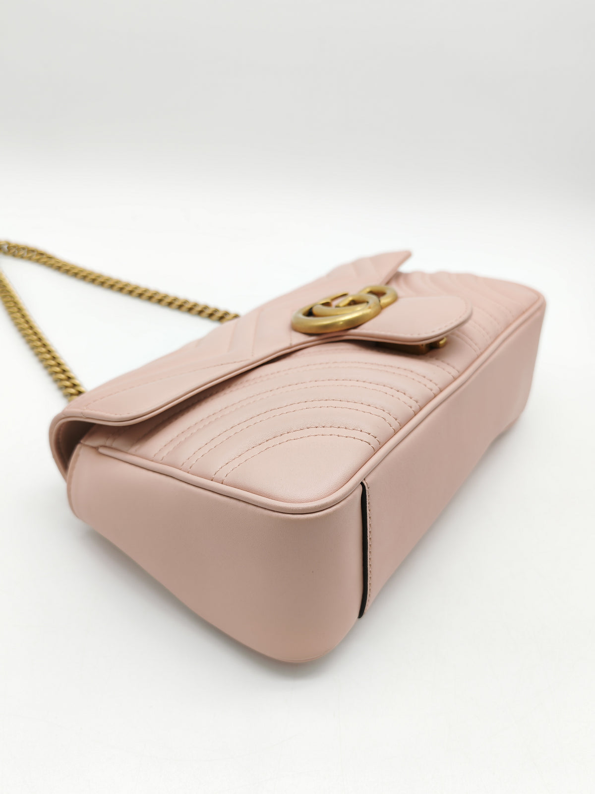 Gucci GG Marmont Small Shoulder Bag in Dusty Pink Chevron Quilted Matelasse Calfskin Leather and Aged Gold Hardware | Purse Maison Luxury Bags Shop