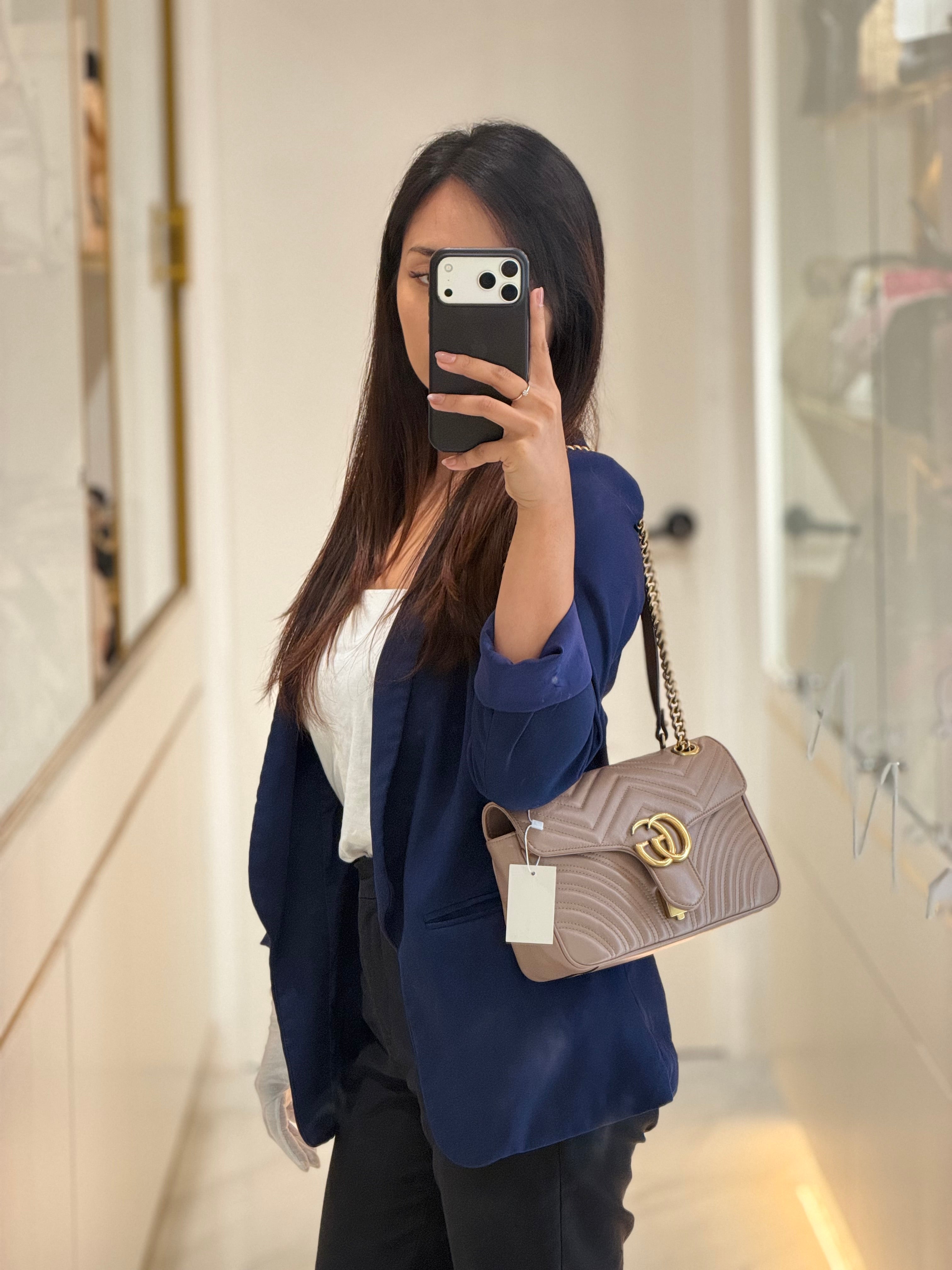 GG Marmont Small Shoulder Bag In Porcelain Rose Chevron Quilted Matelasse Calfskin Leather & Gold Hardware | Purse Maison Luxury Bags Shop