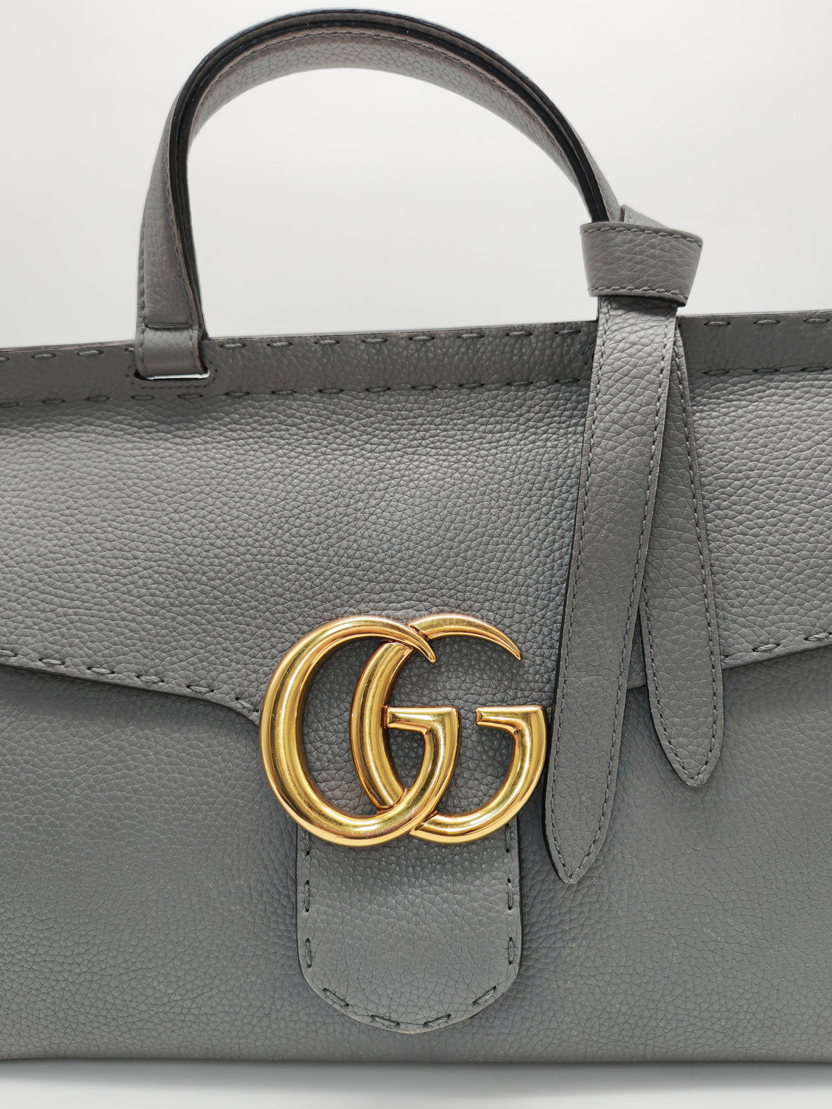 Gucci GG Marmont Top Handle Bag in Gray Cellarius Calfskin Leather and Gold Hardware | Purse Maison Luxury Bags Shop
