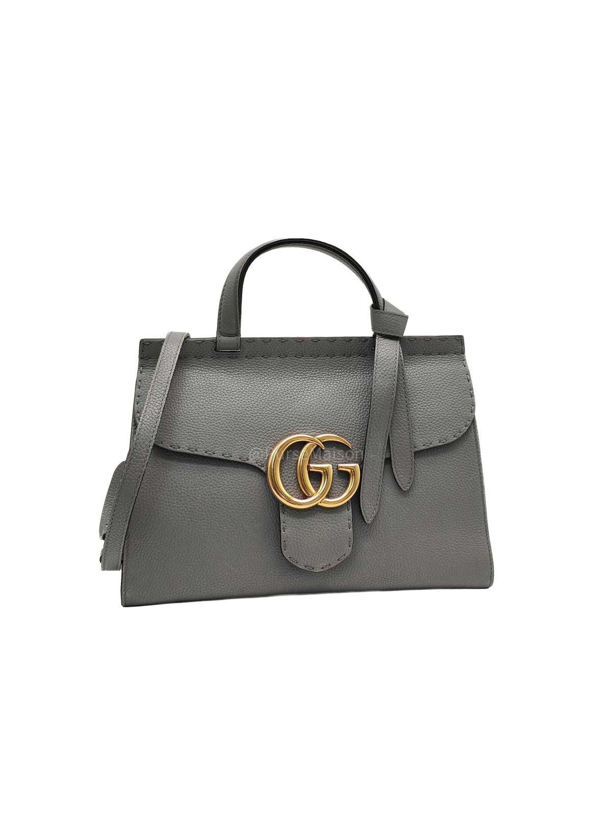 Gucci GG Marmont Top Handle Bag in Gray Cellarius Calfskin Leather and Gold Hardware | Purse Maison Luxury Bags Shop