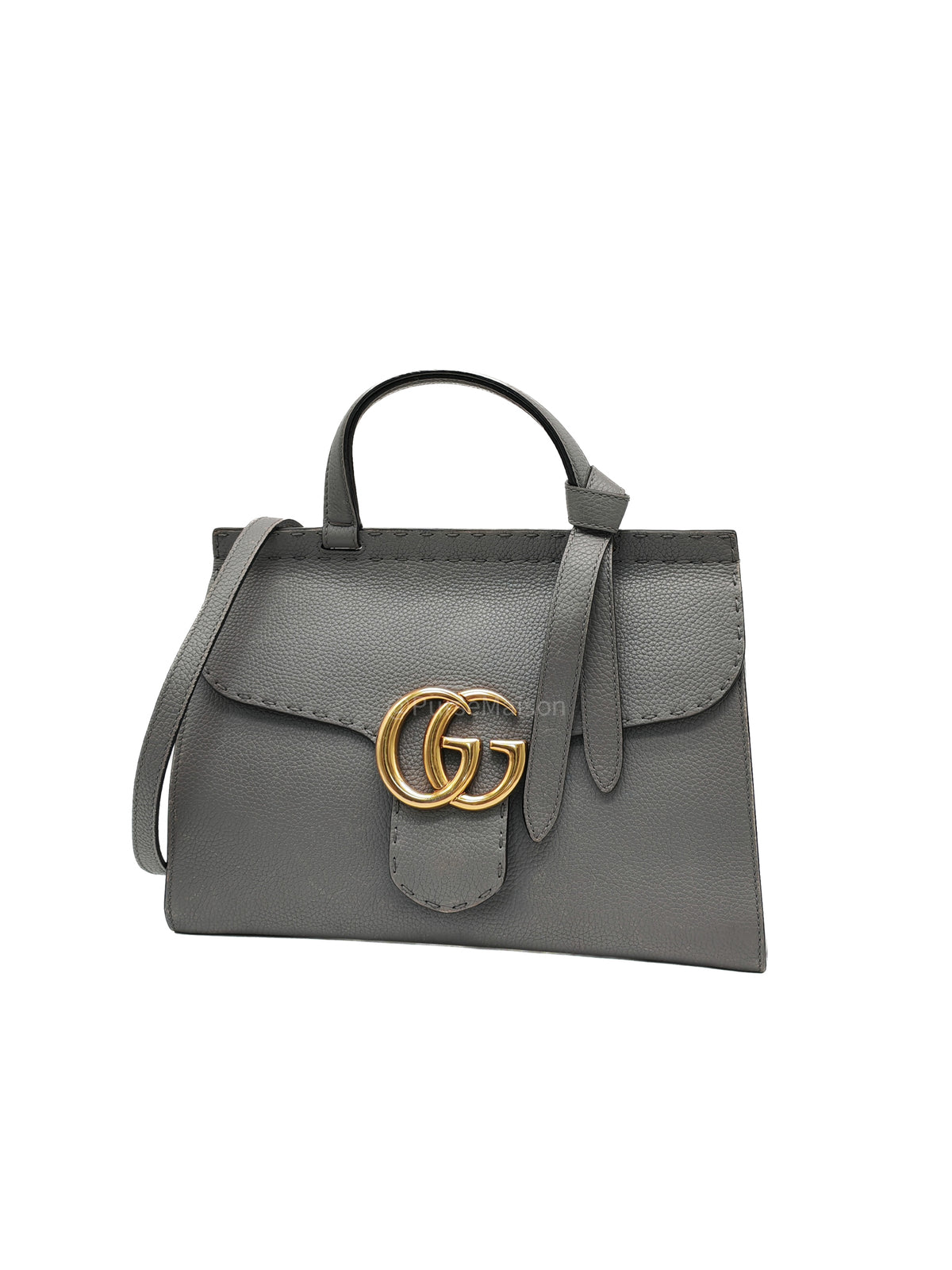 Gucci GG Marmont Top Handle Bag in Gray Cellarius Calfskin Leather and Gold Hardware | Purse Maison Luxury Bags Shop
