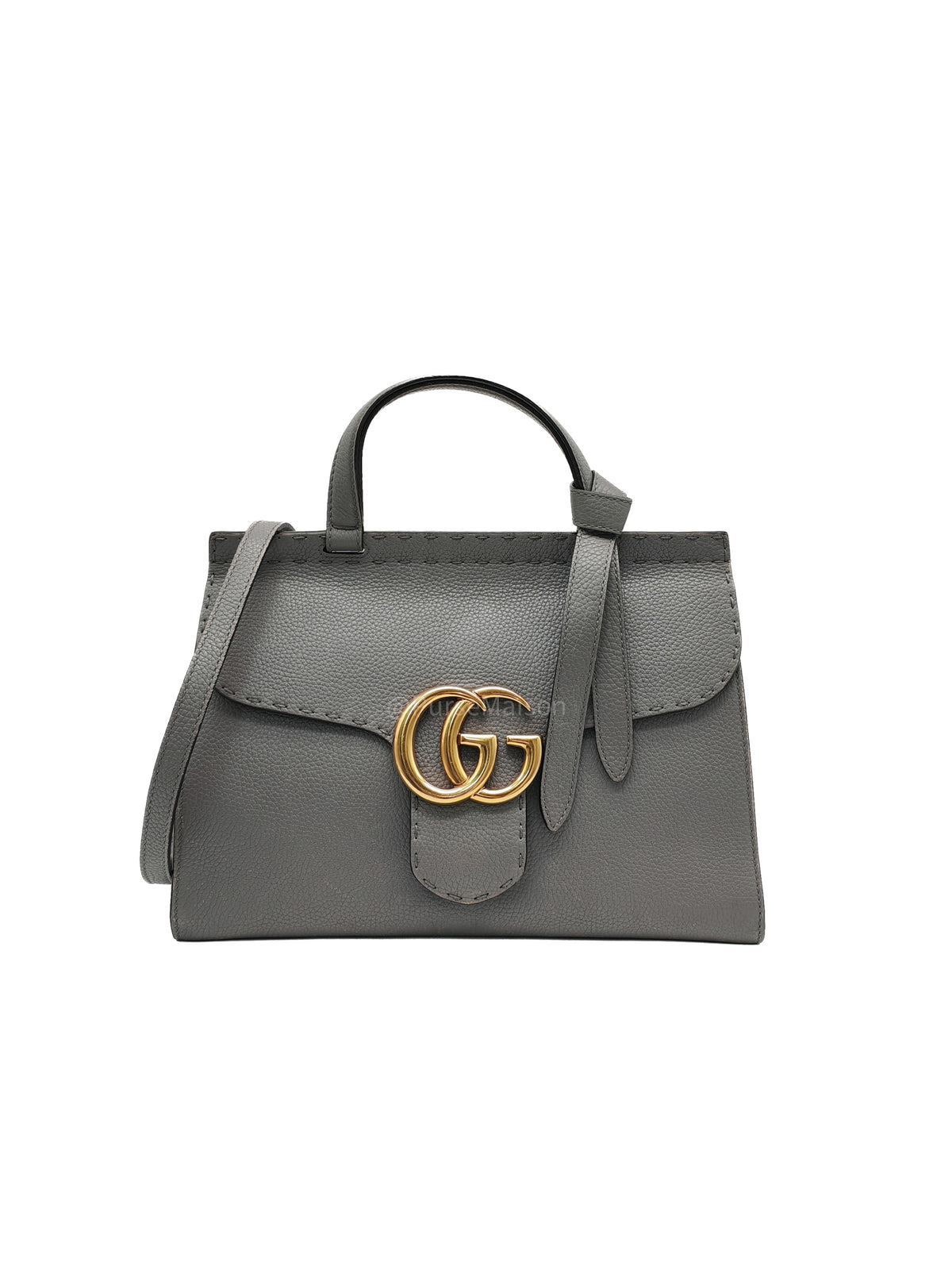Gucci GG Marmont Top Handle Bag in Gray Cellarius Calfskin Leather and Gold Hardware | Purse Maison Luxury Bags Shop