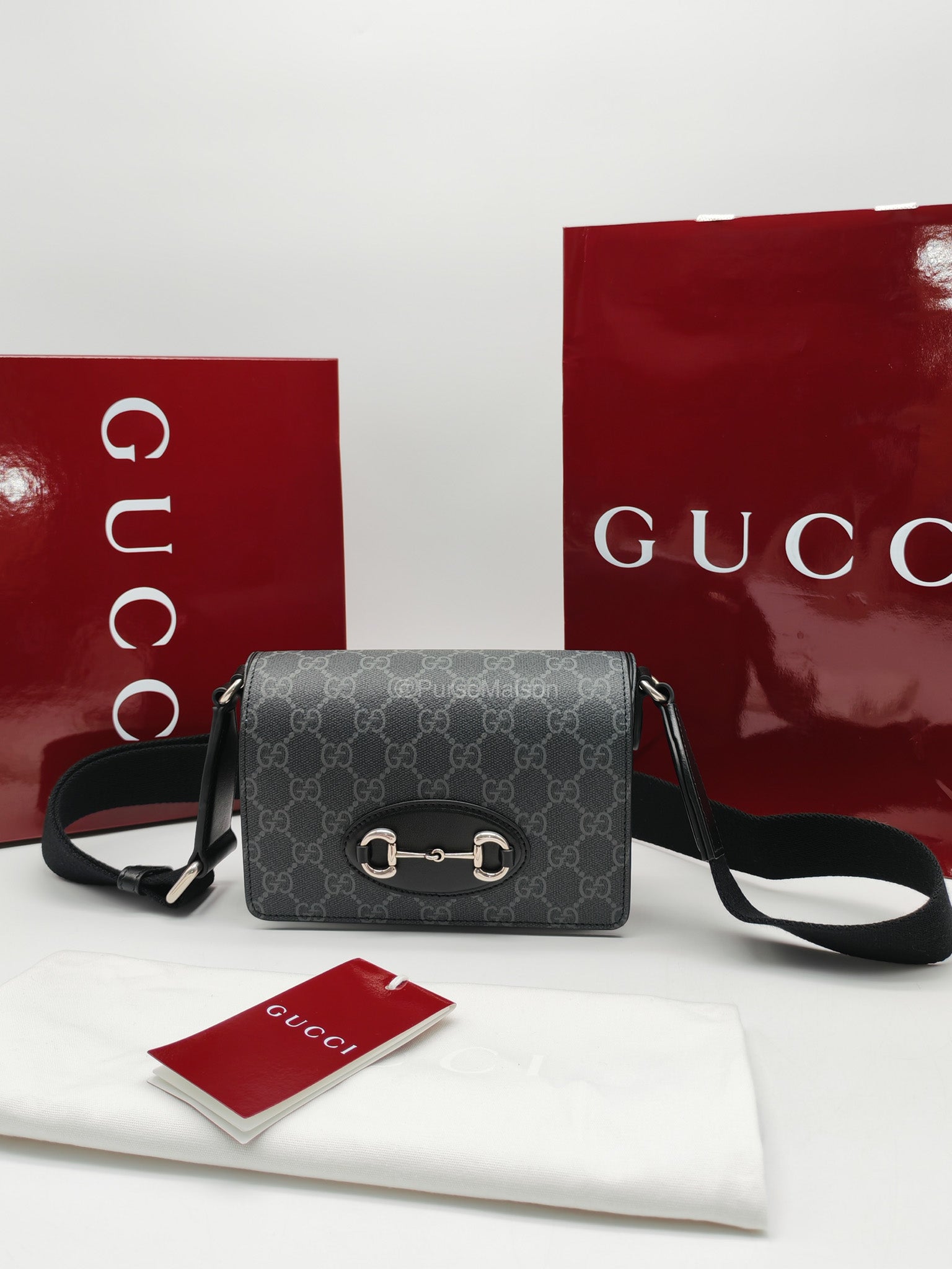 Gucci Horsebit 1955 Mini Shoulder Bag in Black GG Supreme Coated Canvas | Purse Maison Luxury Bags Shop