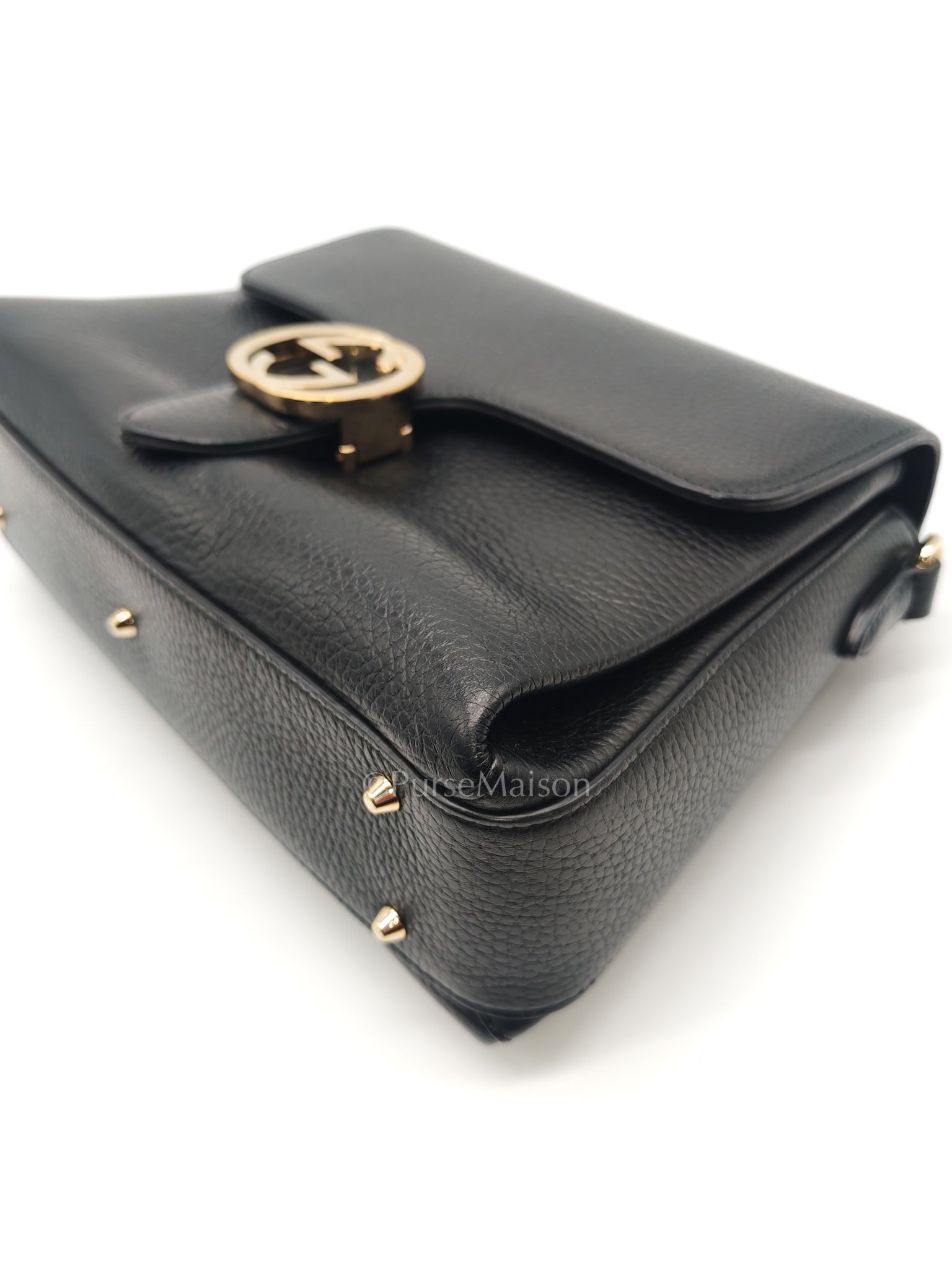 Gucci Interlocking Top Handle Shoulder Bag Black Pebbled Leather in Gold Hardware | Purse Maison Luxury Bags Shop