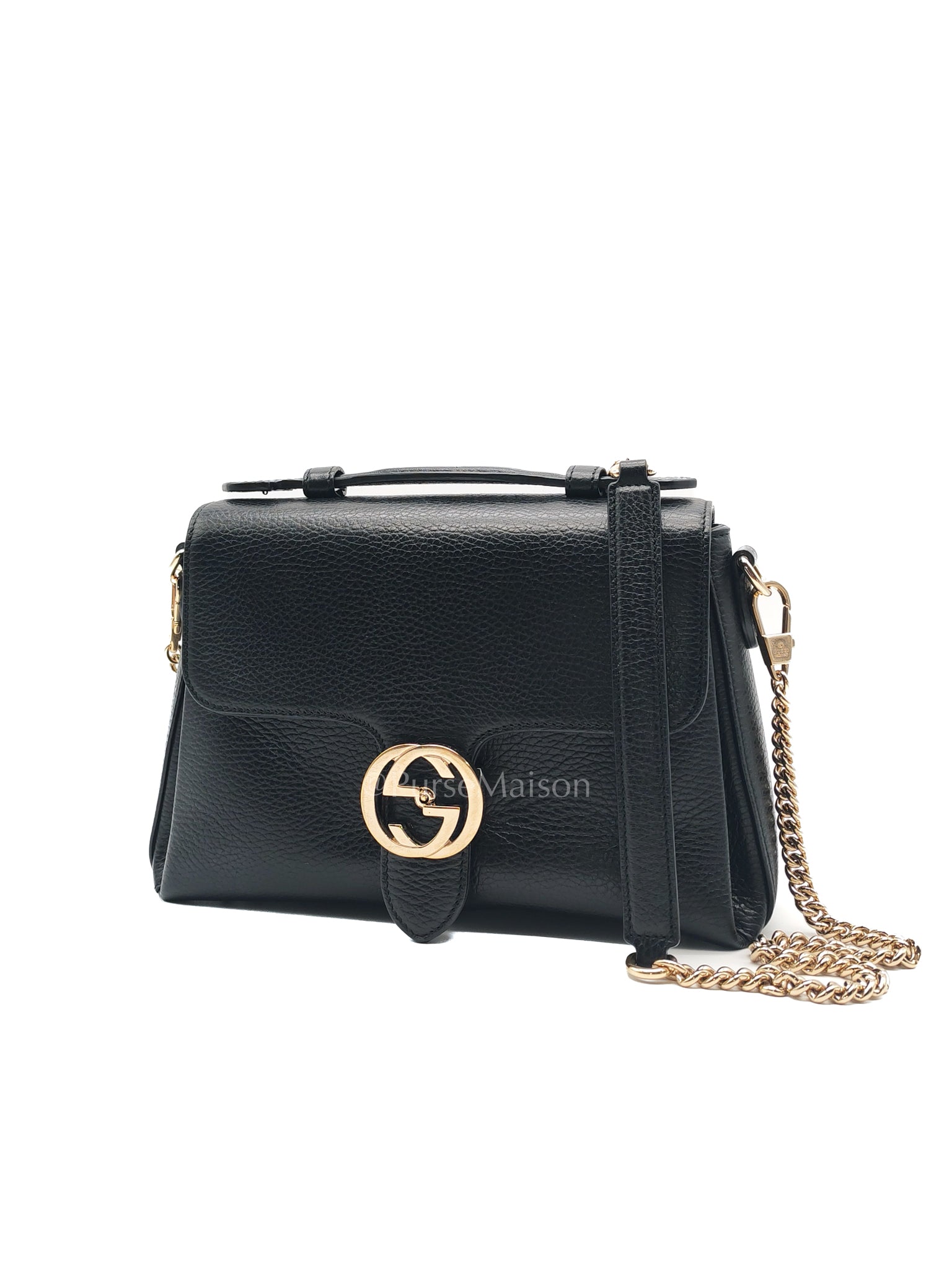 Gucci Interlocking Top Handle Shoulder Bag Black Pebbled Leather in Gold Hardware | Purse Maison Luxury Bags Shop