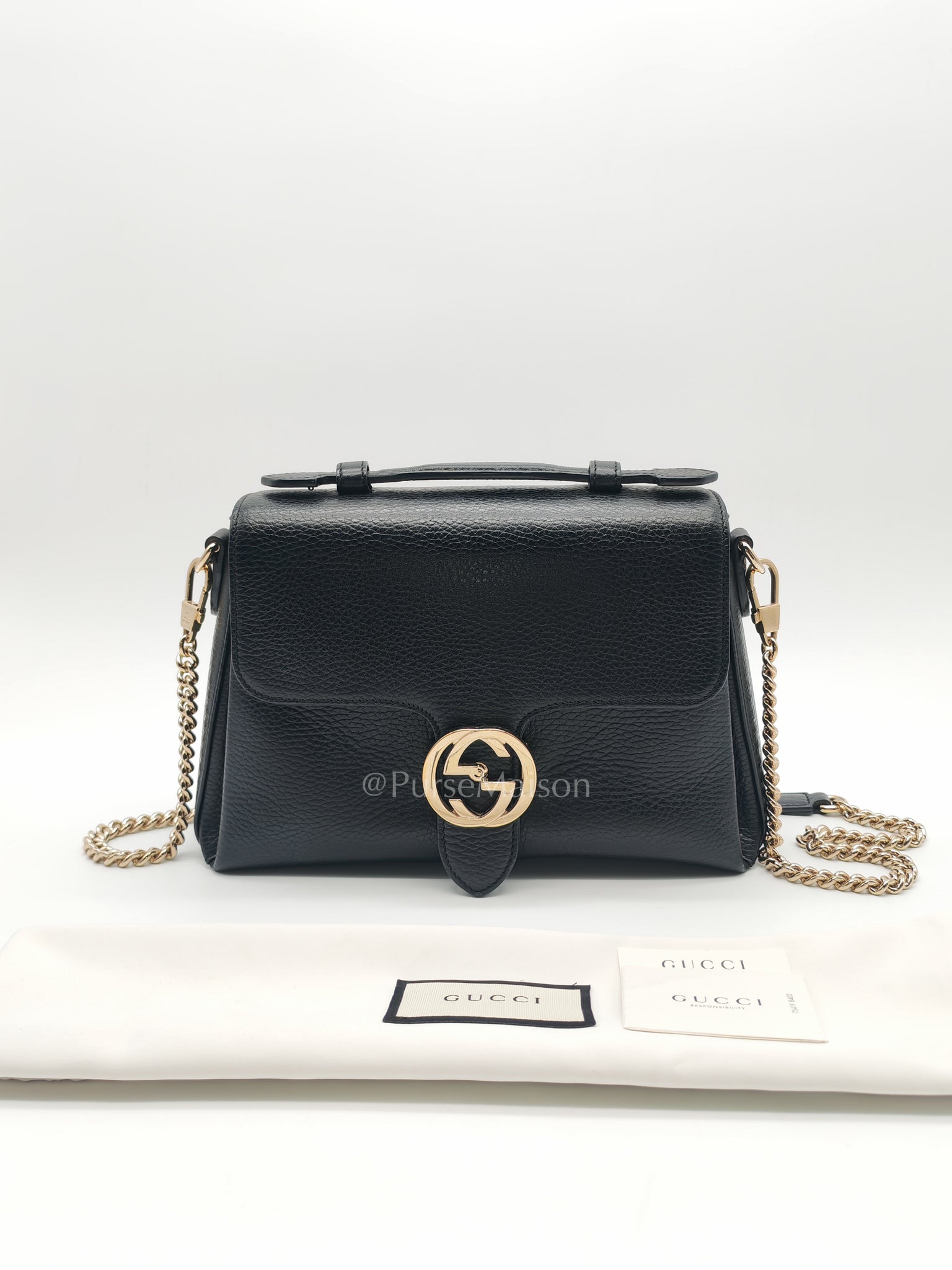 Gucci Interlocking Top Handle Shoulder Bag Black Pebbled Leather in Gold Hardware | Purse Maison Luxury Bags Shop