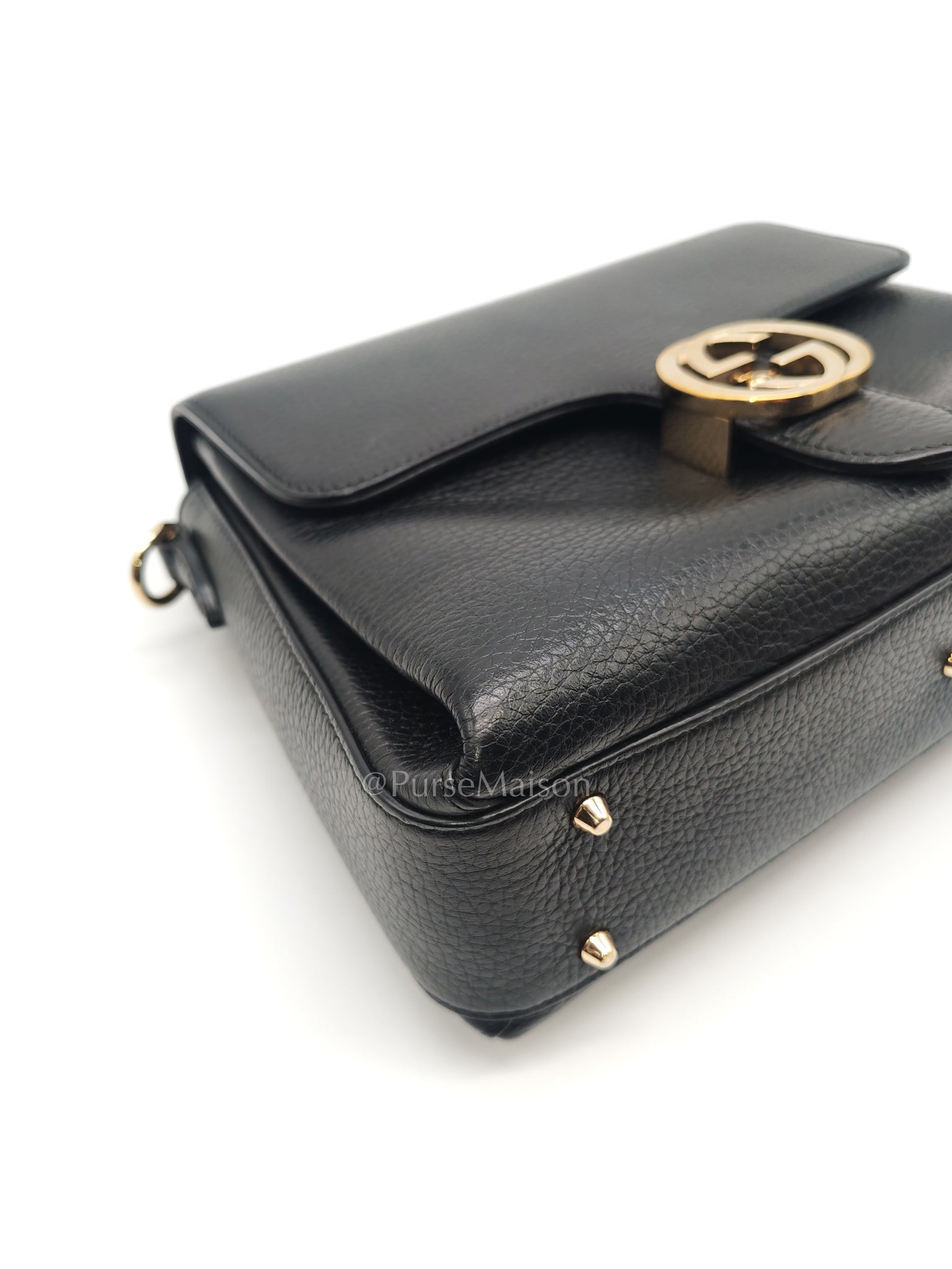 Gucci Interlocking Top Handle Shoulder Bag Black Pebbled Leather in Gold Hardware | Purse Maison Luxury Bags Shop