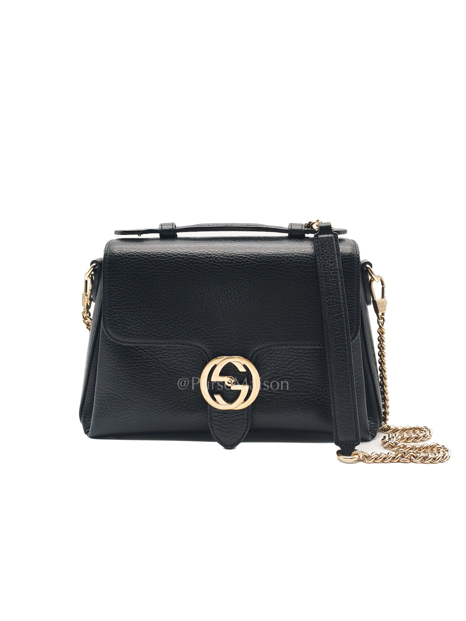 Gucci Interlocking Top Handle Shoulder Bag Black Pebbled Leather in Gold Hardware | Purse Maison Luxury Bags Shop
