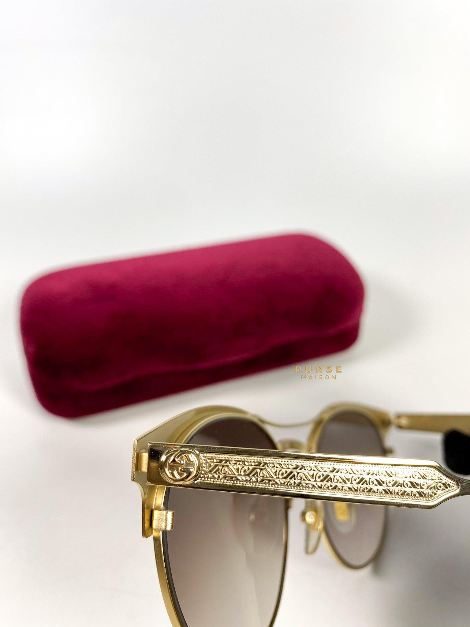Gucci Light Gold Metal Maroon Frame Round Sunglasses