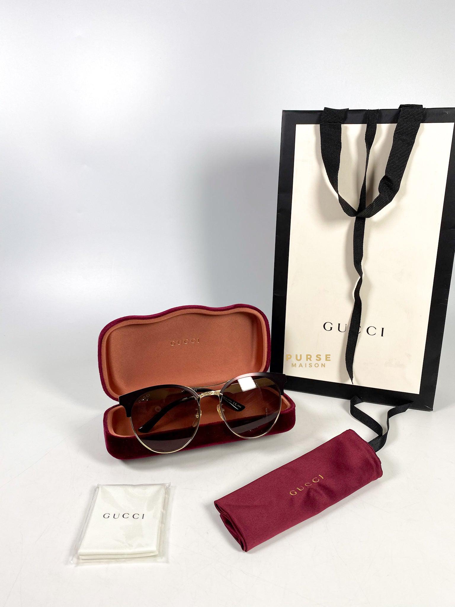 Gucci Light Gold Metal Maroon Frame Round Sunglasses