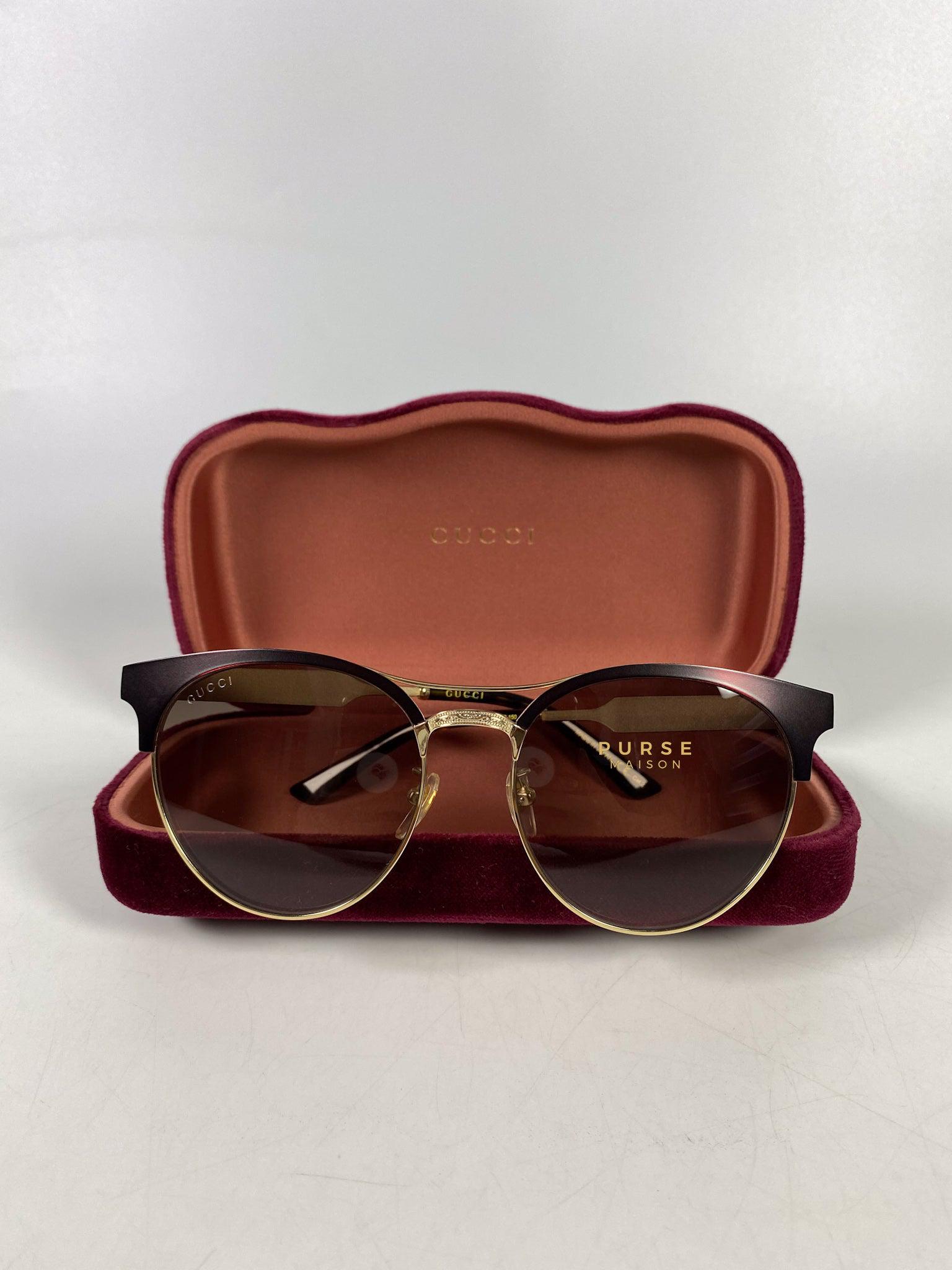Gucci Light Gold Metal Maroon Frame Round Sunglasses