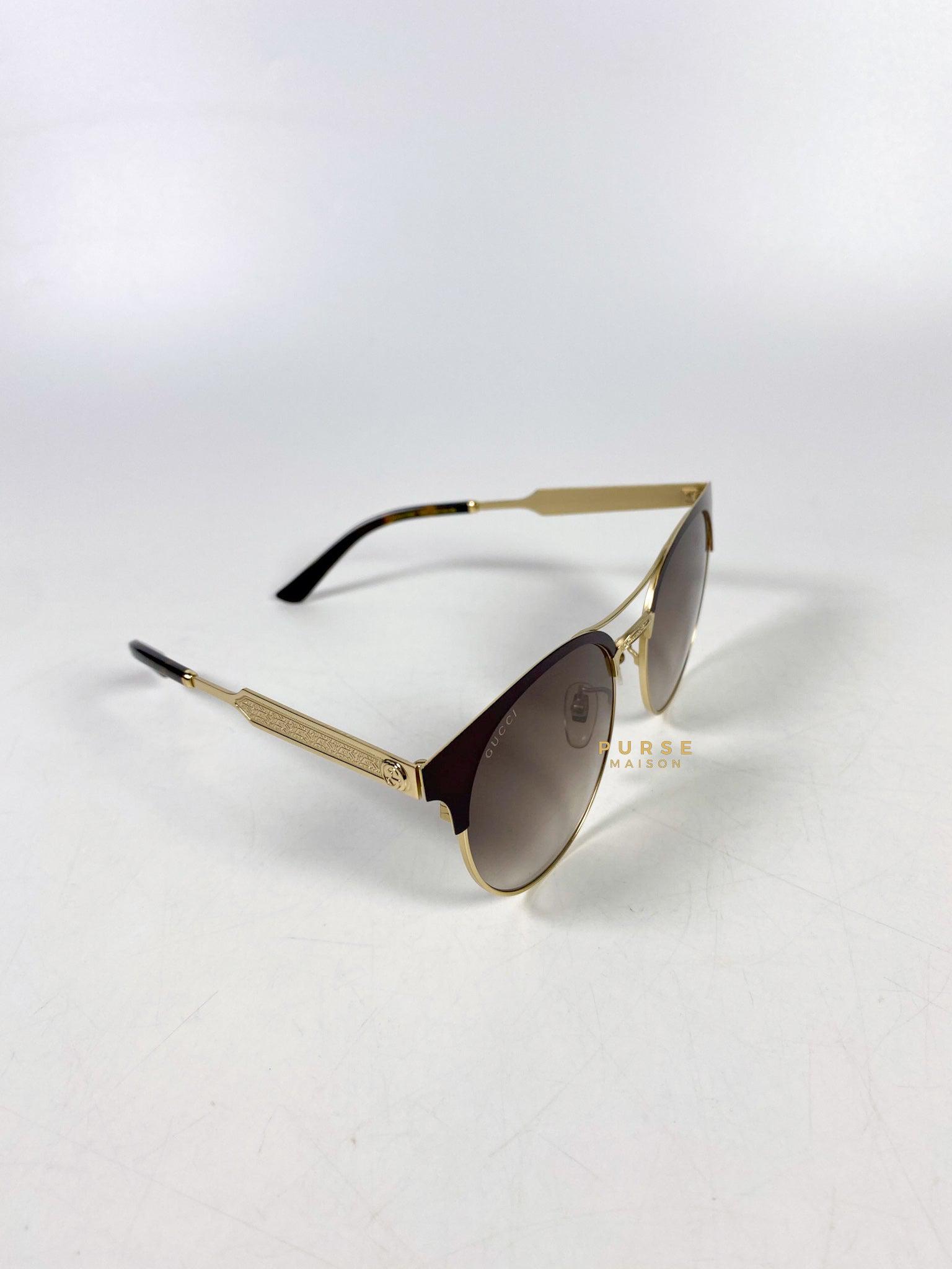 Gucci Light Gold Metal Maroon Frame Round Sunglasses