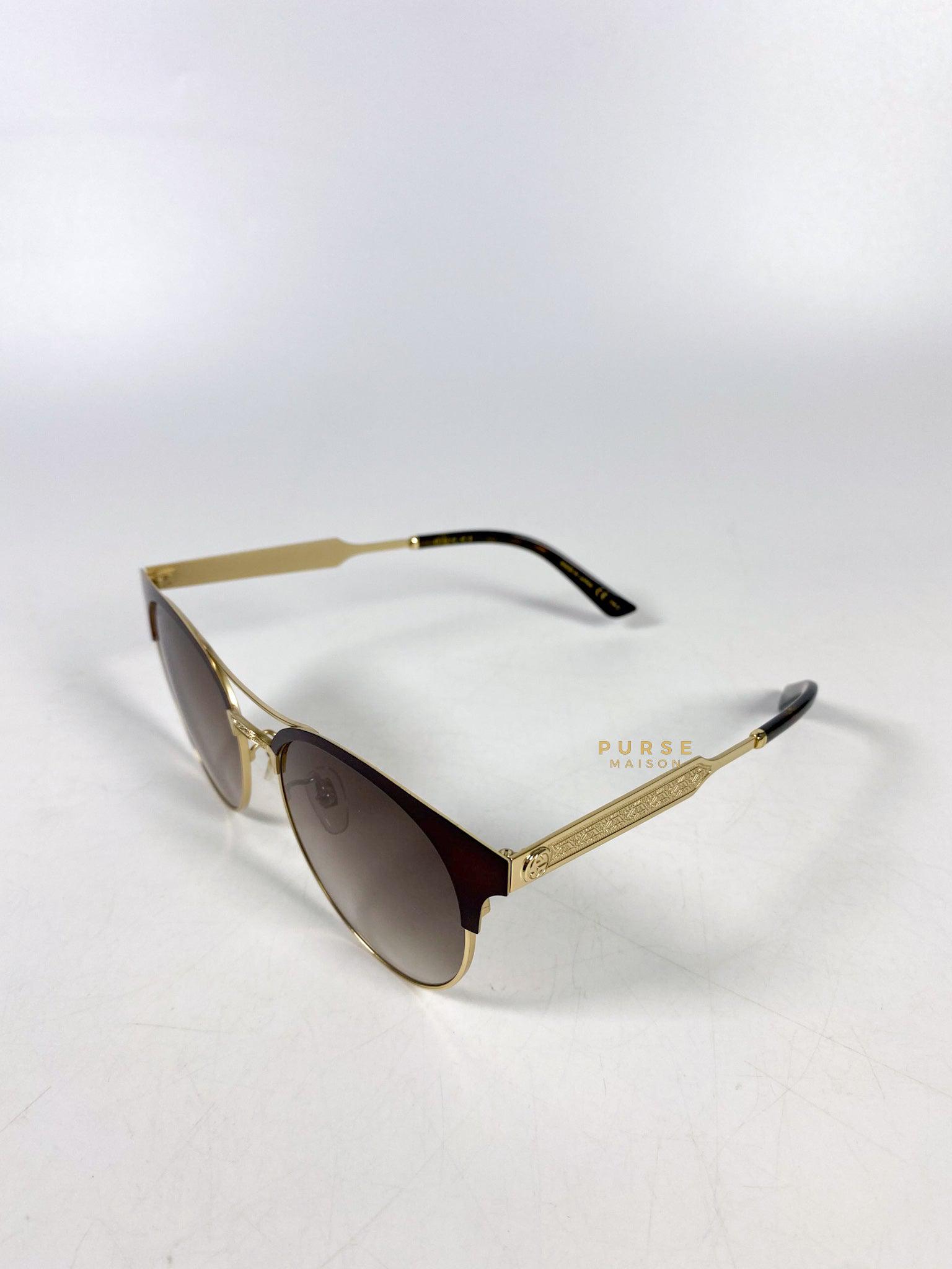 Gucci Light Gold Metal Maroon Frame Round Sunglasses