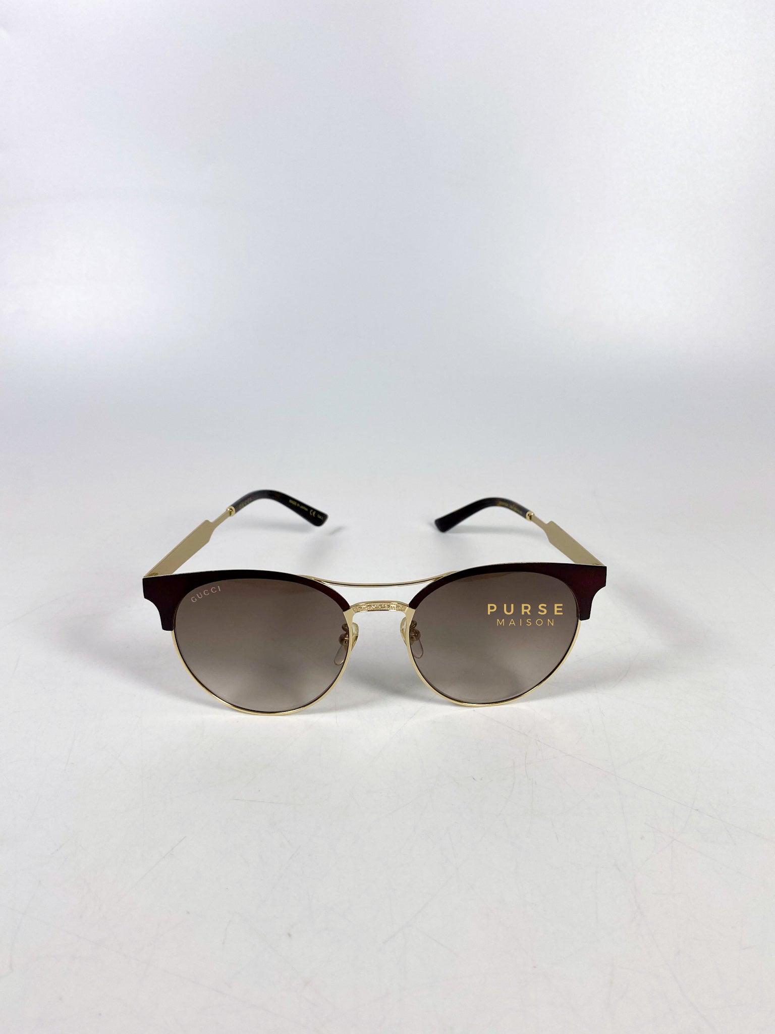 Gucci Light Gold Metal Maroon Frame Round Sunglasses