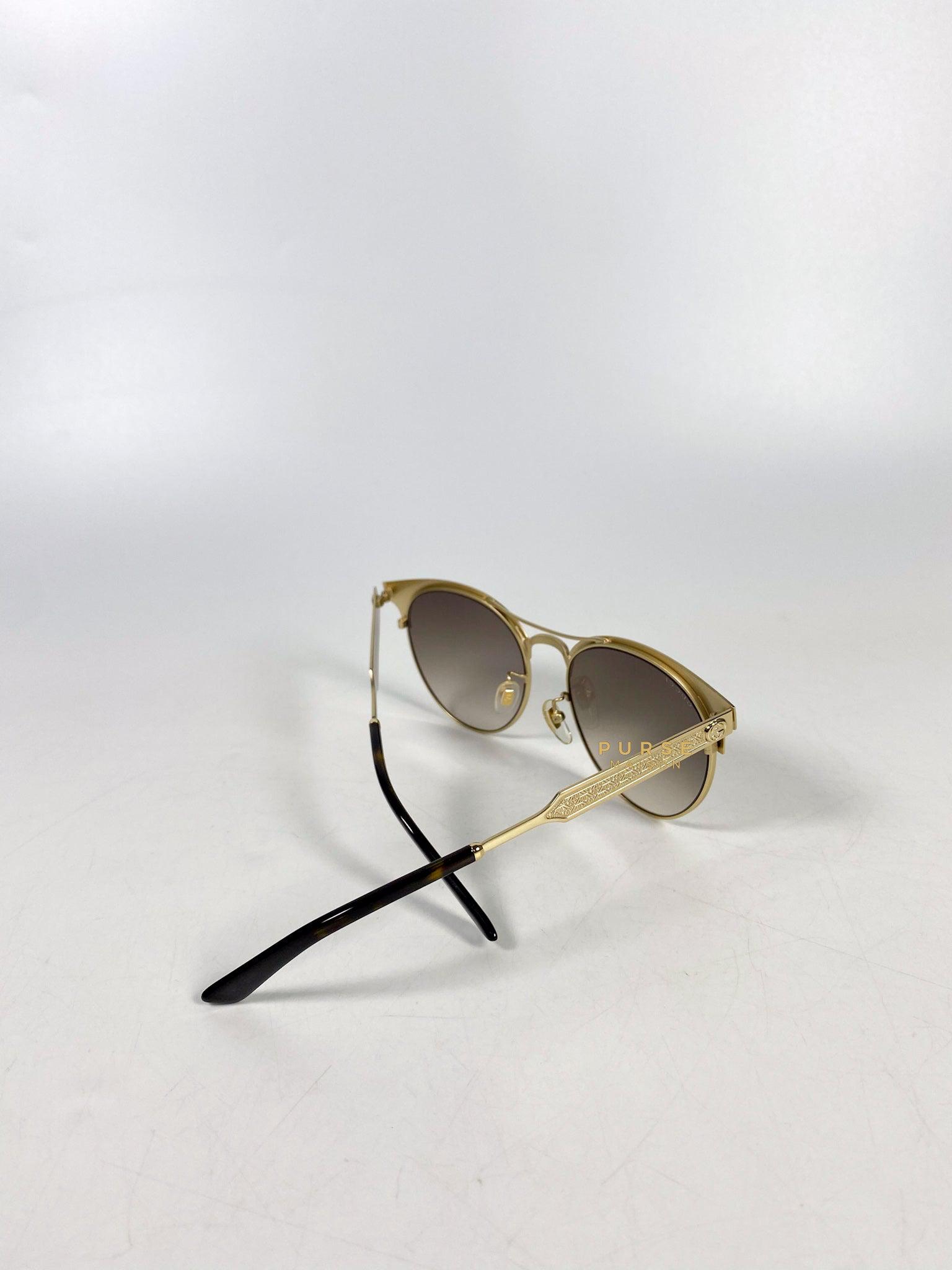 Gucci Light Gold Metal Maroon Frame Round Sunglasses