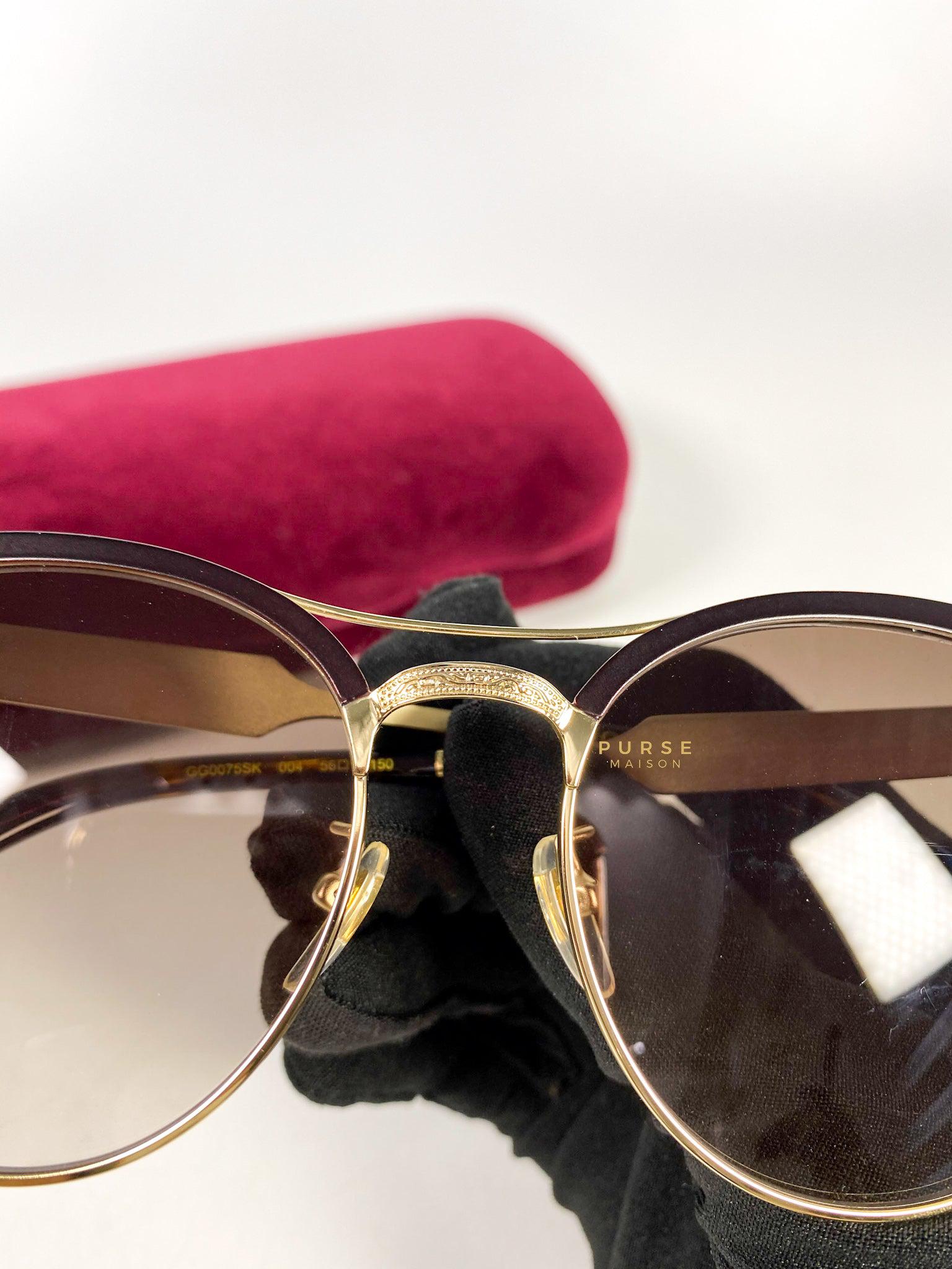 Gucci Light Gold Metal Maroon Frame Round Sunglasses