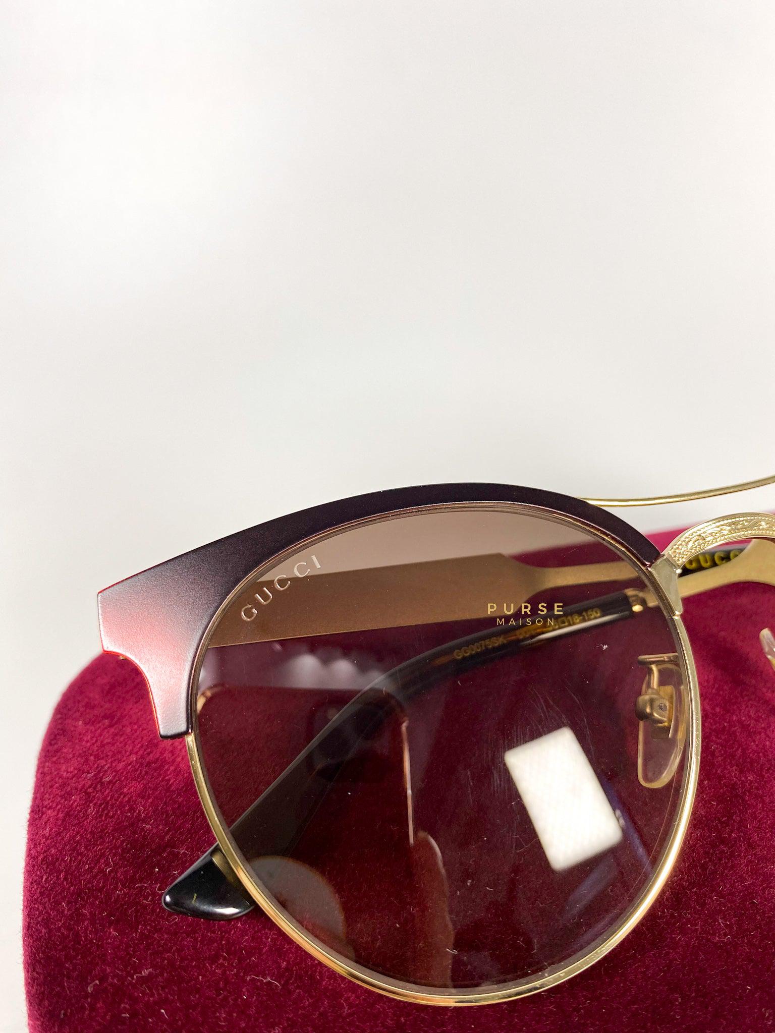Gucci Light Gold Metal Maroon Frame Round Sunglasses