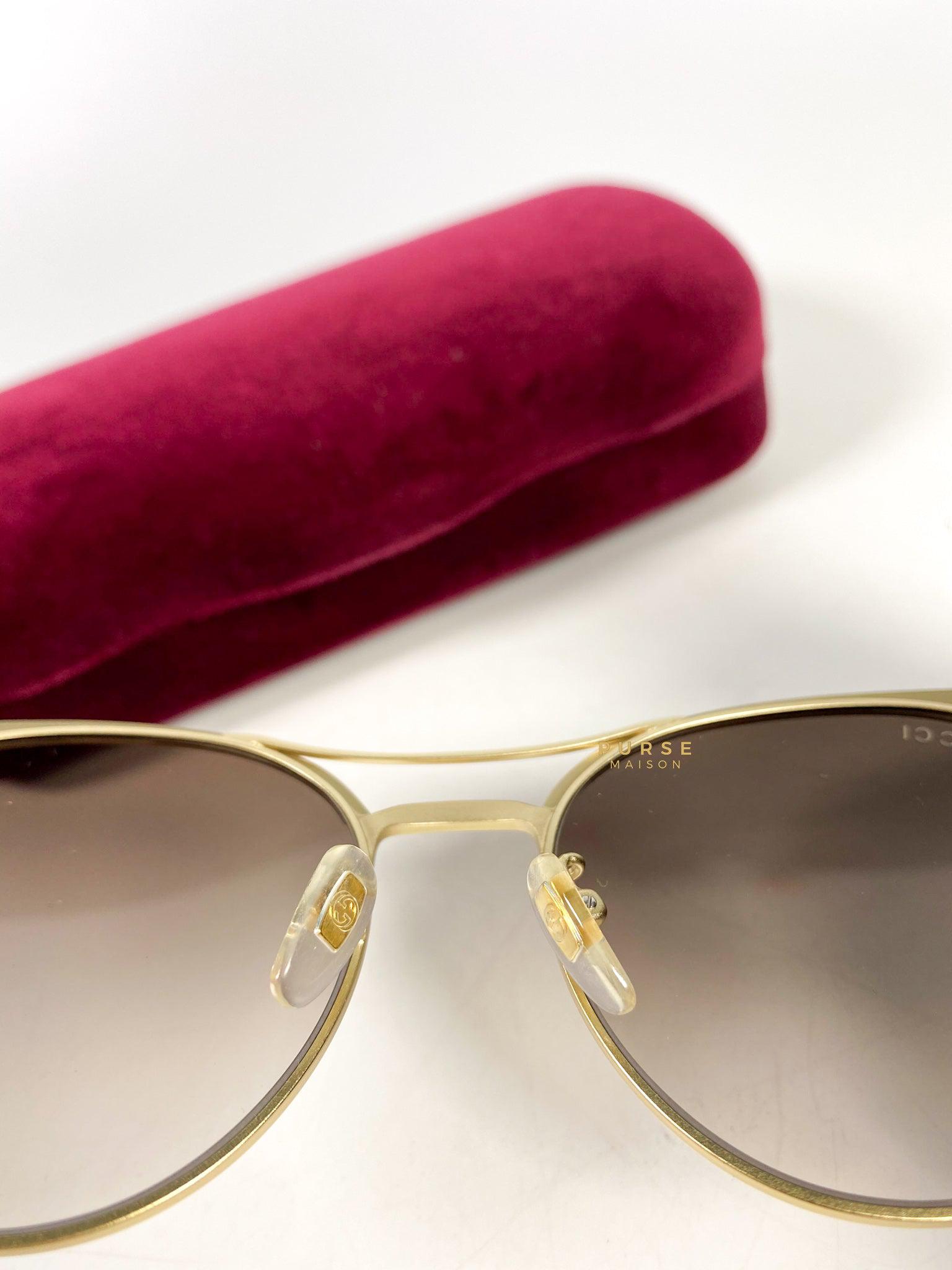 Gucci Light Gold Metal Maroon Frame Round Sunglasses