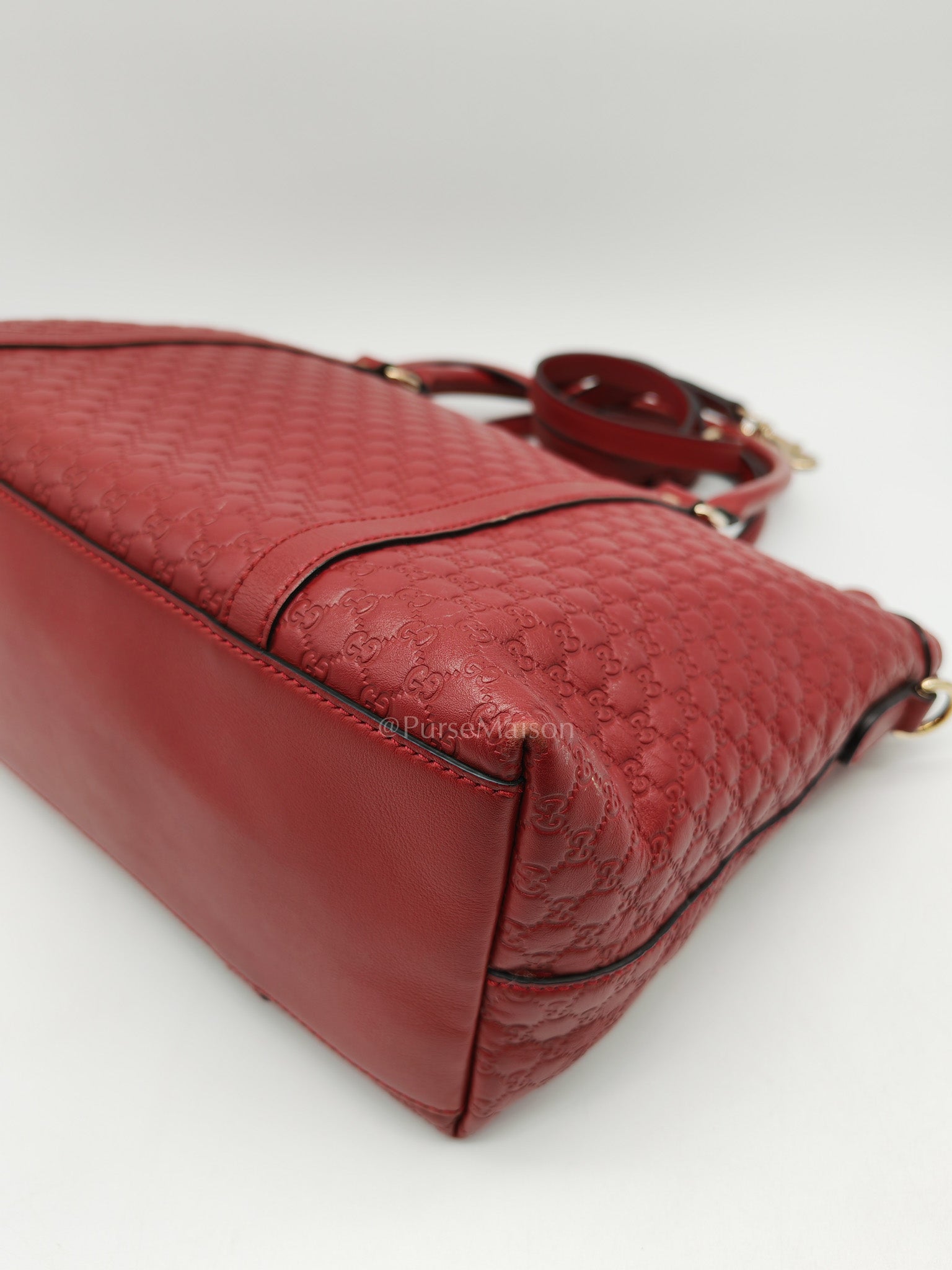 Gucci Margaux Tote Bag in Burgundy Microguccima Leather and Light Gold Hardware | Purse Maison Luxury Bags Shop