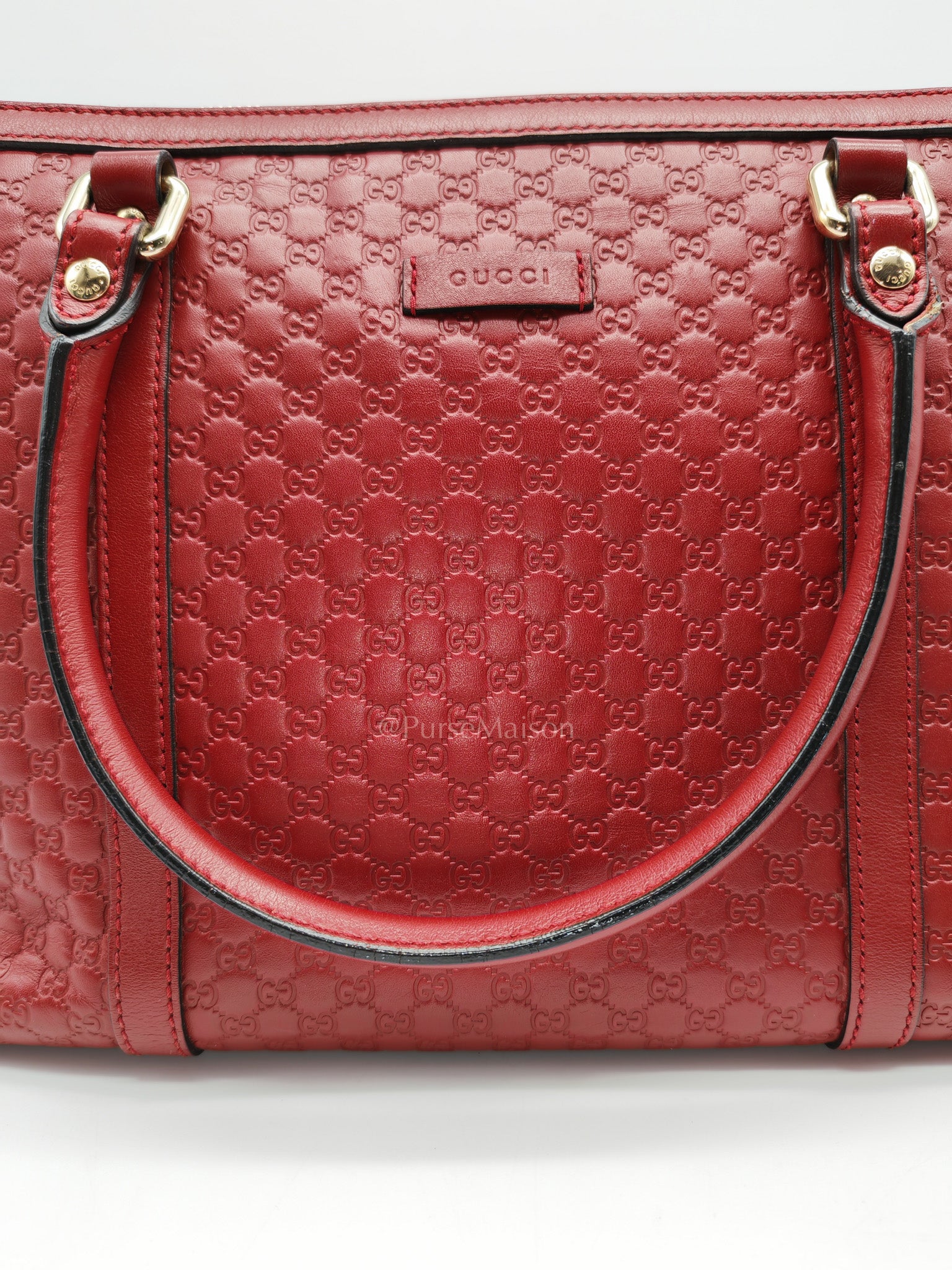 Gucci Margaux Tote Bag in Burgundy Microguccima Leather and Light Gold Hardware | Purse Maison Luxury Bags Shop