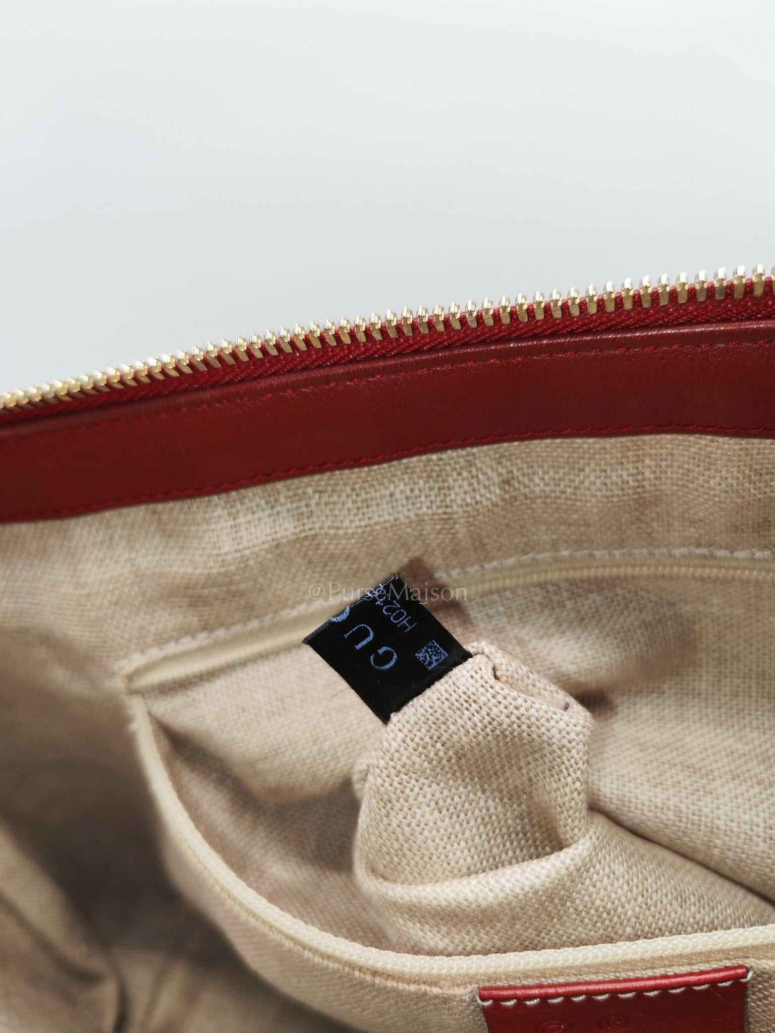 Gucci Margaux Tote Bag in Burgundy Microguccima Leather and Light Gold Hardware | Purse Maison Luxury Bags Shop