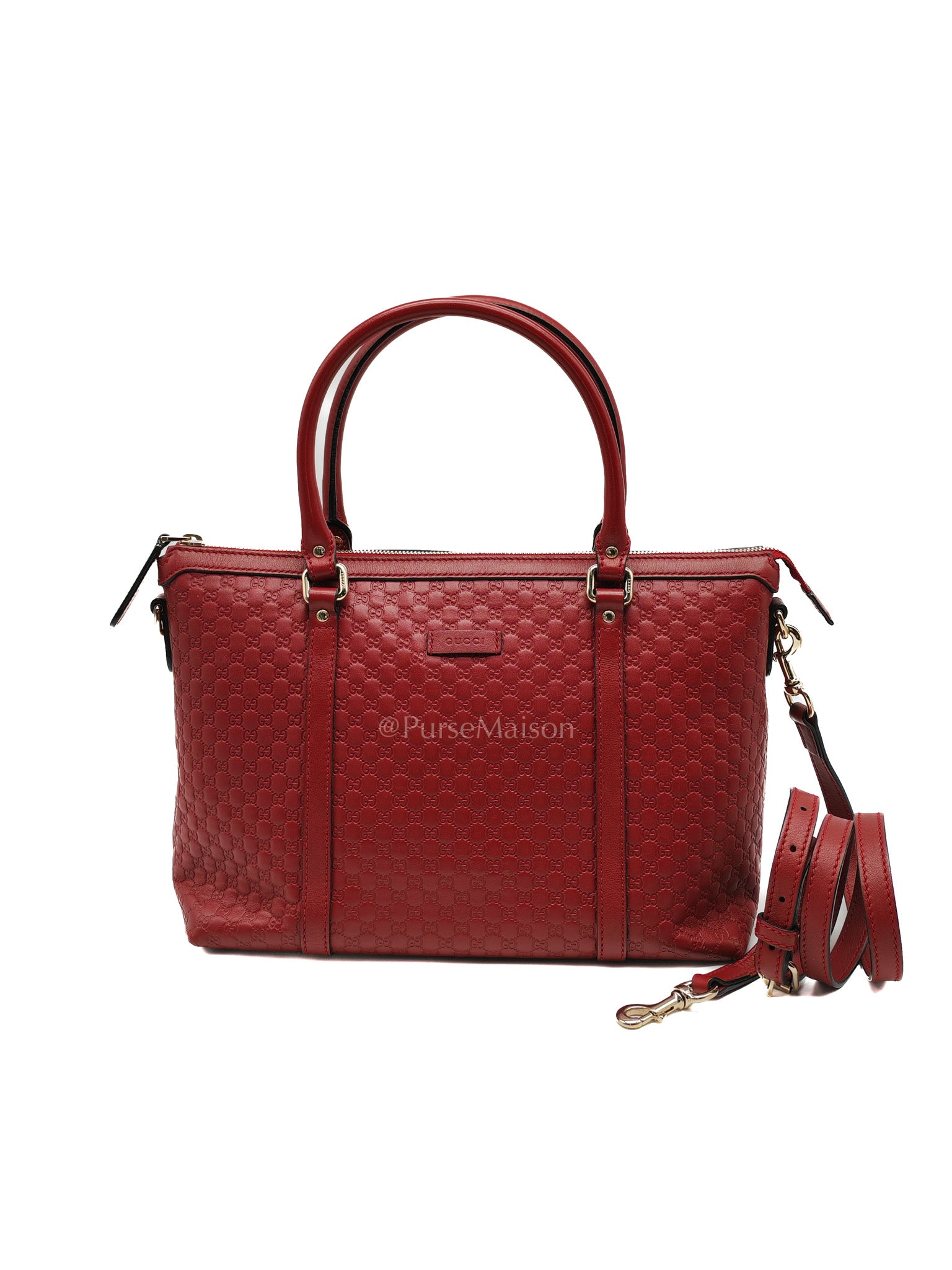 Gucci Margaux Tote Bag in Burgundy Microguccima Leather and Light Gold Hardware | Purse Maison Luxury Bags Shop