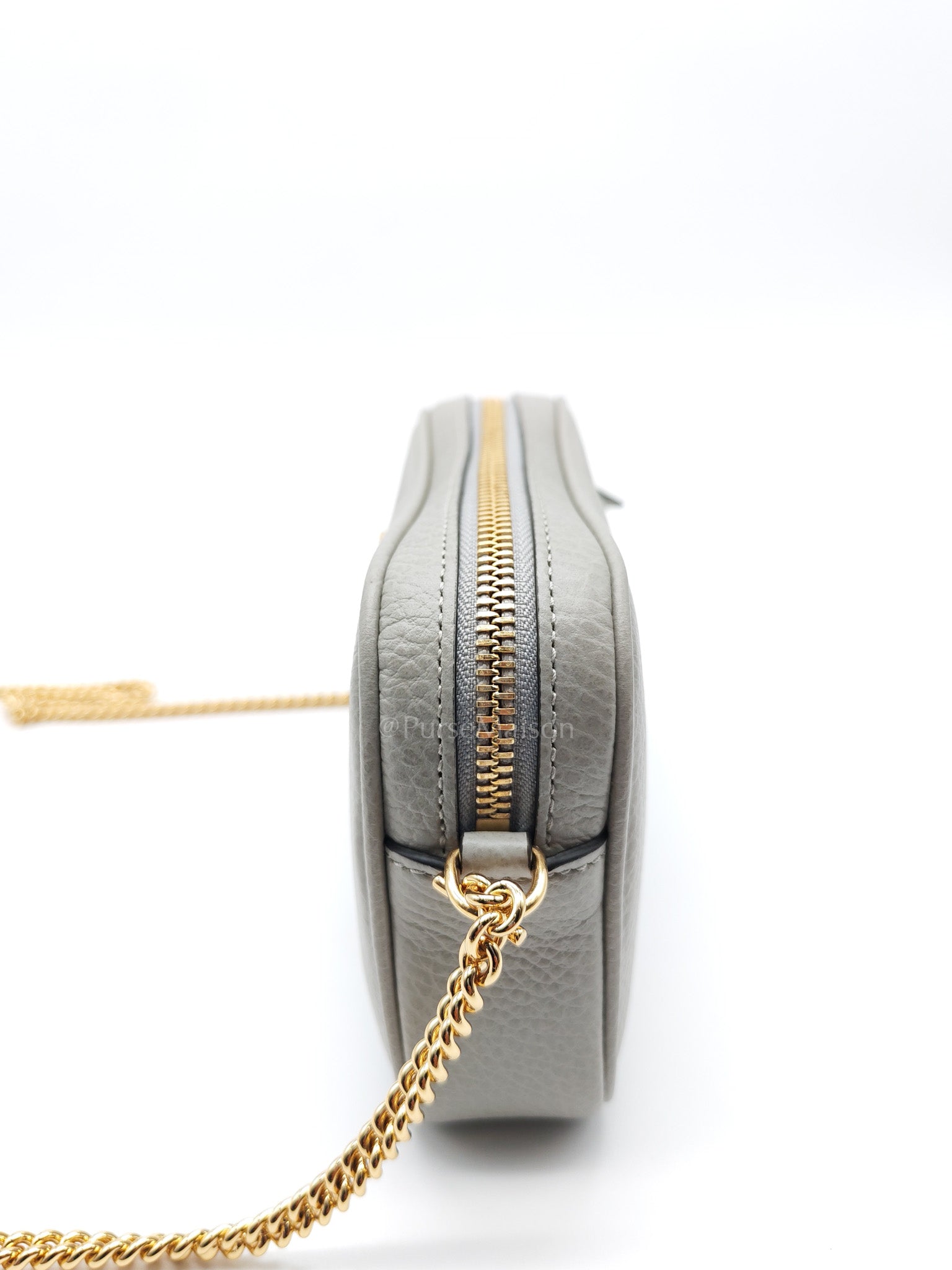 Gucci Marmont Mini Camera Bag in Light Gray Grained Calfskin Leather Chain Strap | Purse Maison Luxury Bags Shop