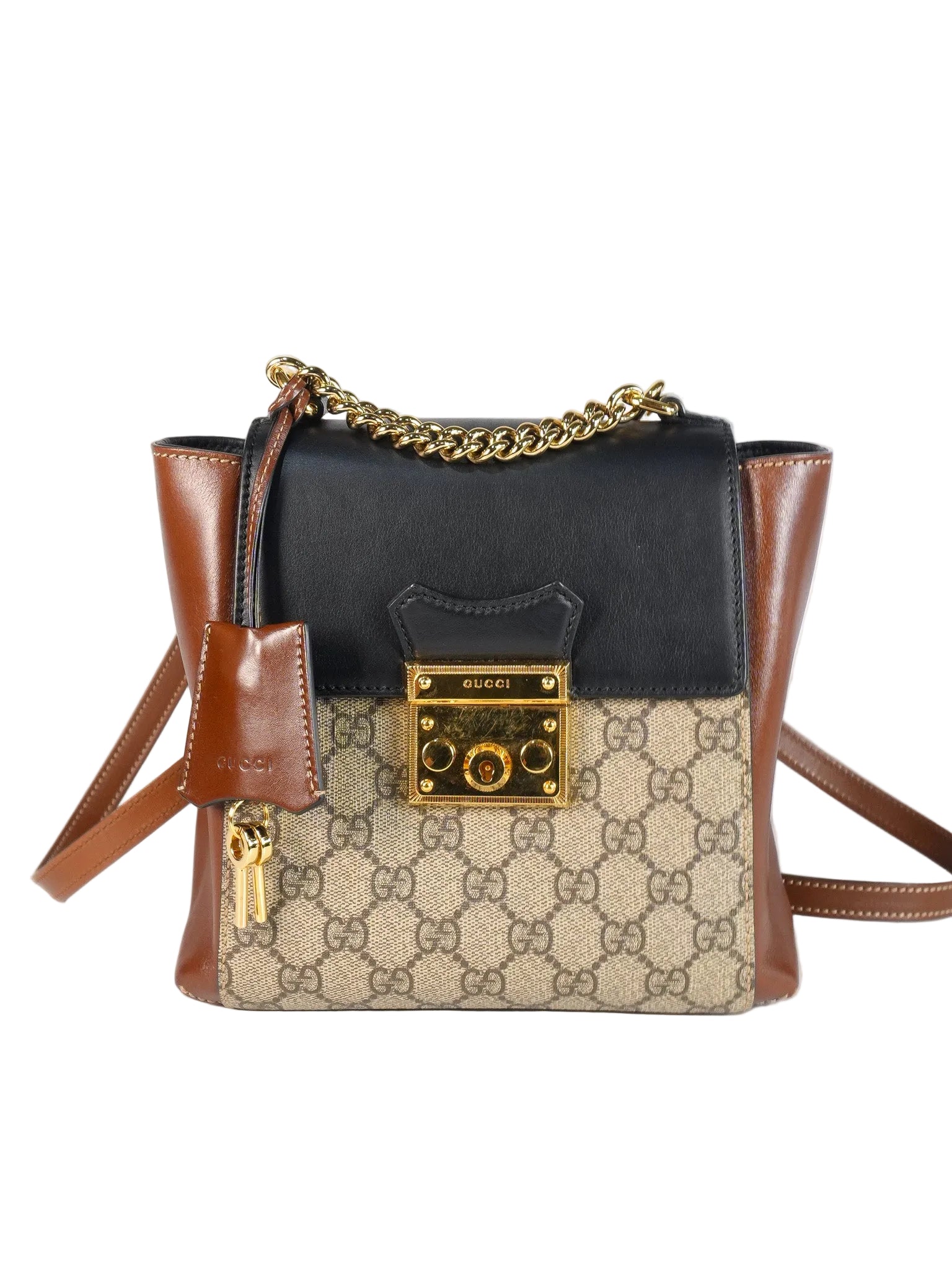 Gucci Mini Padlock Backpack GG Coated Canvas in Black & Brown Leather