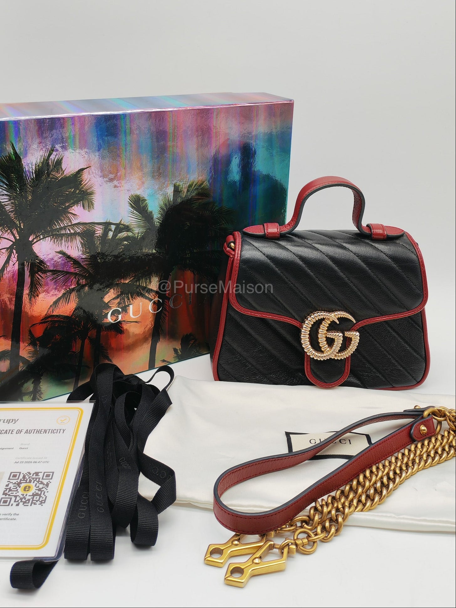 Gucci Mini Torchon Top Handle Shoulder Bag in Black GG Marmont Matelasse Calfskin Leather | Purse Maison Luxury Bags Shop