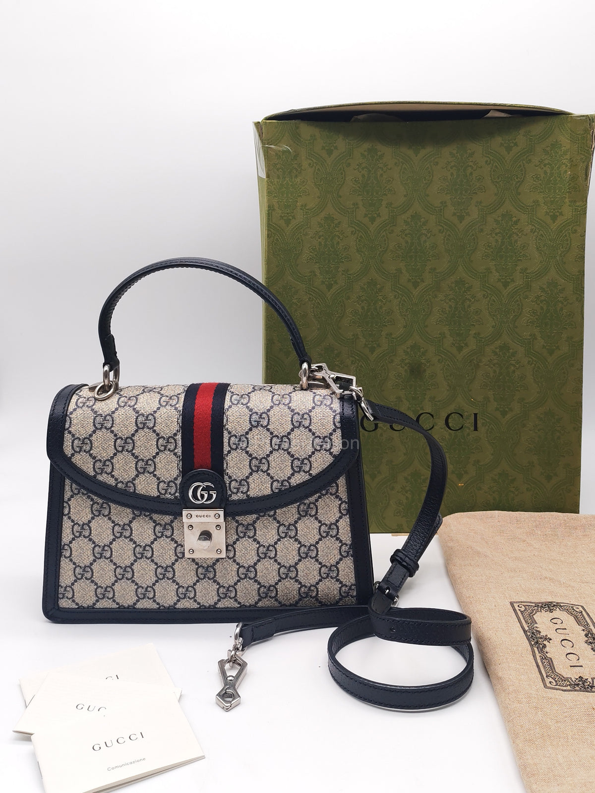 Gucci Ophidia GG Web Canvas and Navy Leather Trim Small Top Handle Bag | Purse Maison Luxury Bags Shop