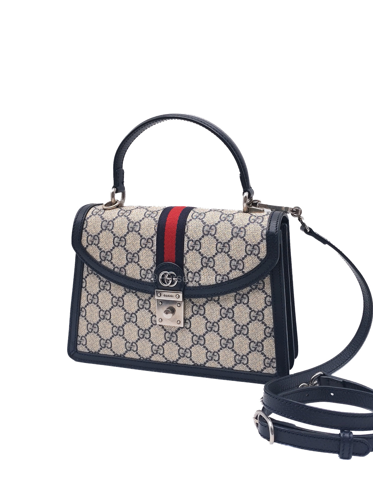 Gucci Ophidia GG Web Canvas and Navy Leather Trim Small Top Handle Bag | Purse Maison Luxury Bags Shop