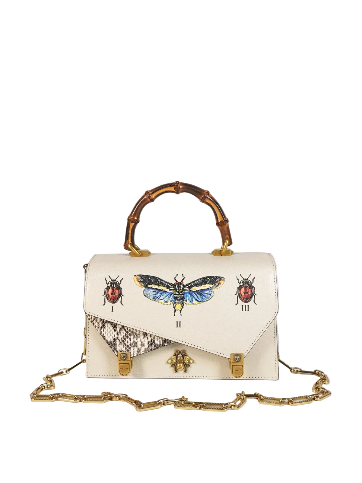 Ottilia Bee Printed Bamboo Top Handle Bag Small in Cream Leather and Snakeskin | Purse Maison Luxury Bags Shop