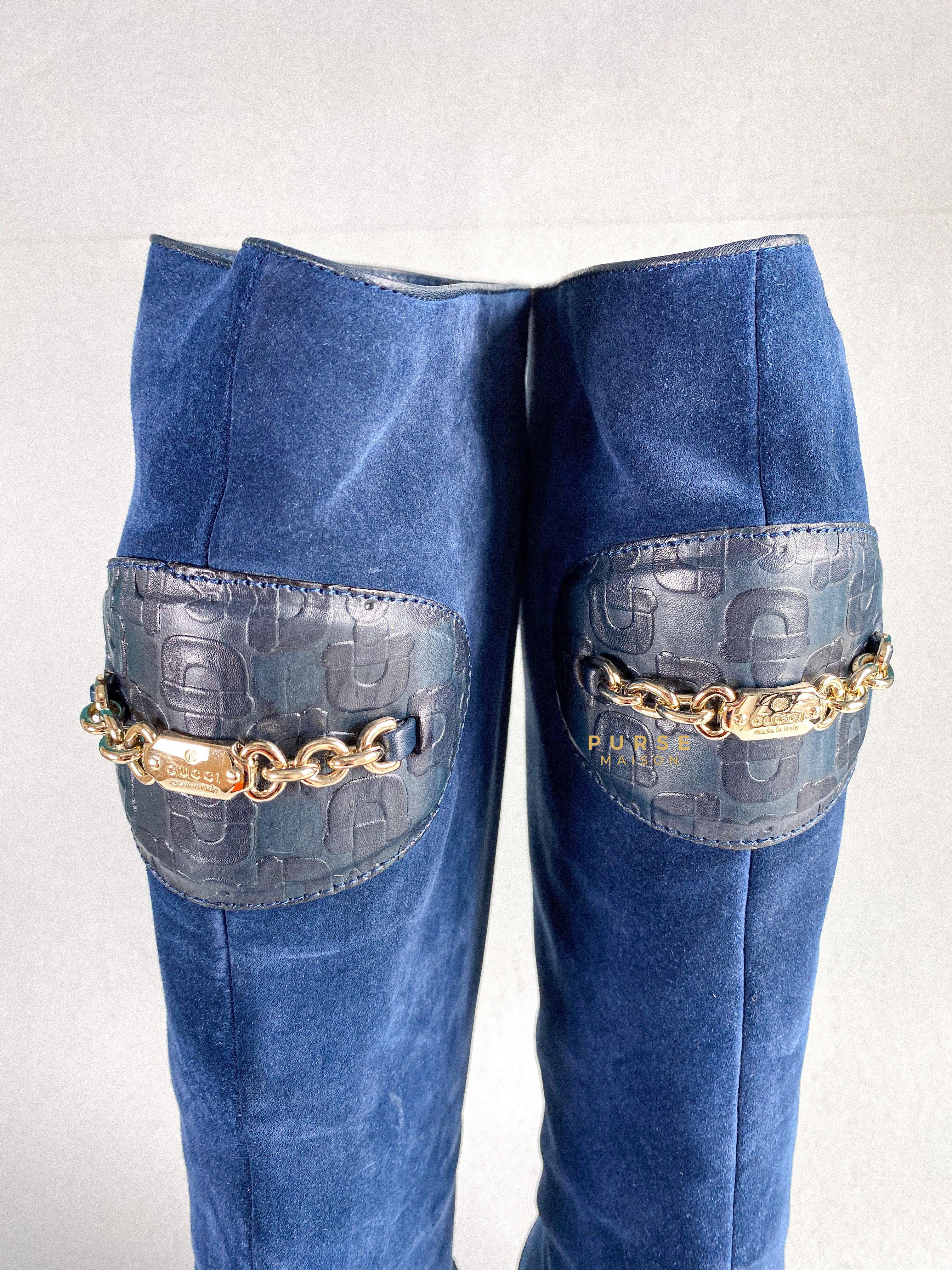 Gucci Suede Blue Knee-Length Boots Size 35 EU | Purse Maison Luxury Bags Shop