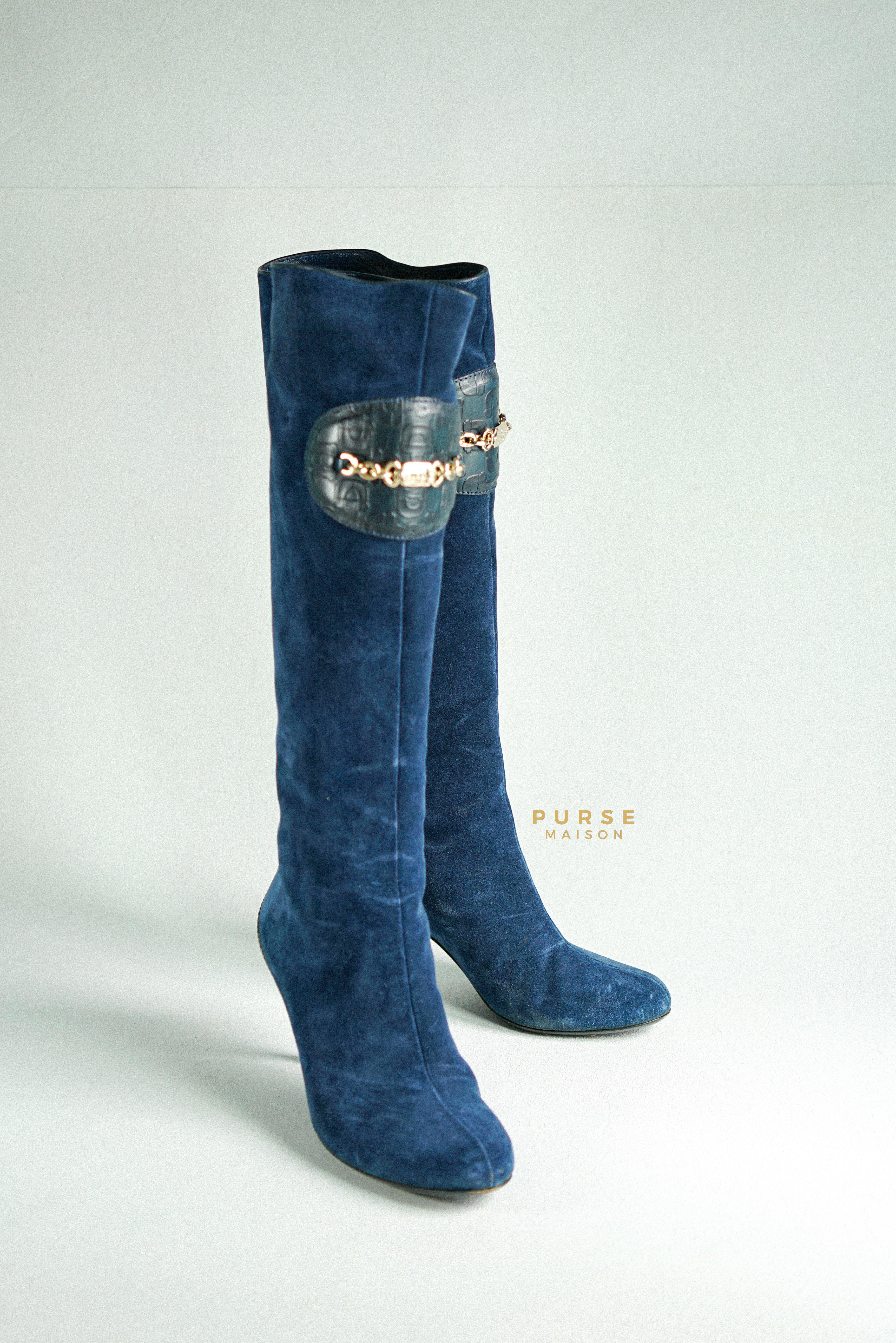 Gucci Suede Blue Knee-Length Boots Size 35 EU | Purse Maison Luxury Bags Shop
