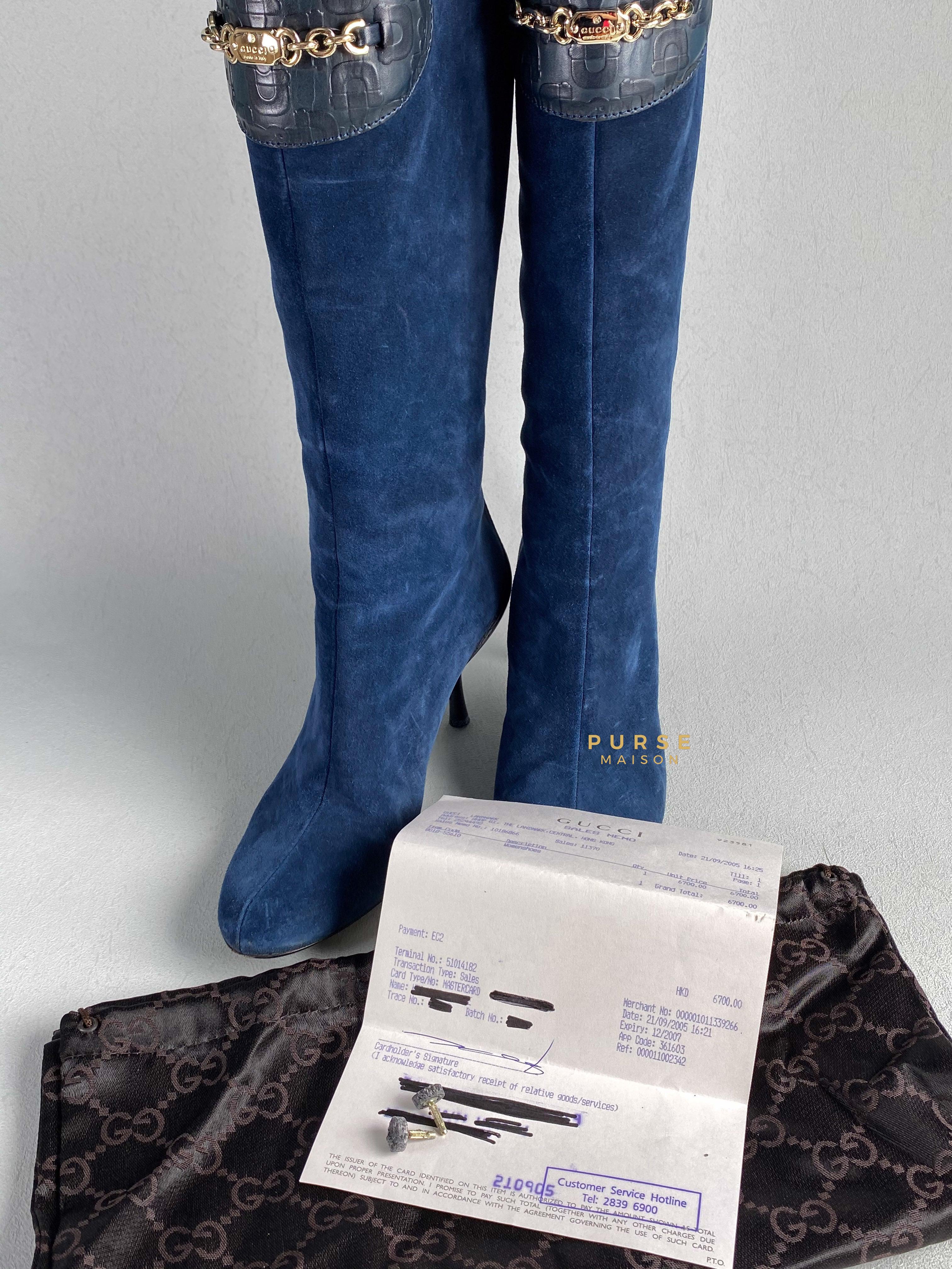 Gucci Suede Blue Knee-Length Boots Size 35 EU | Purse Maison Luxury Bags Shop