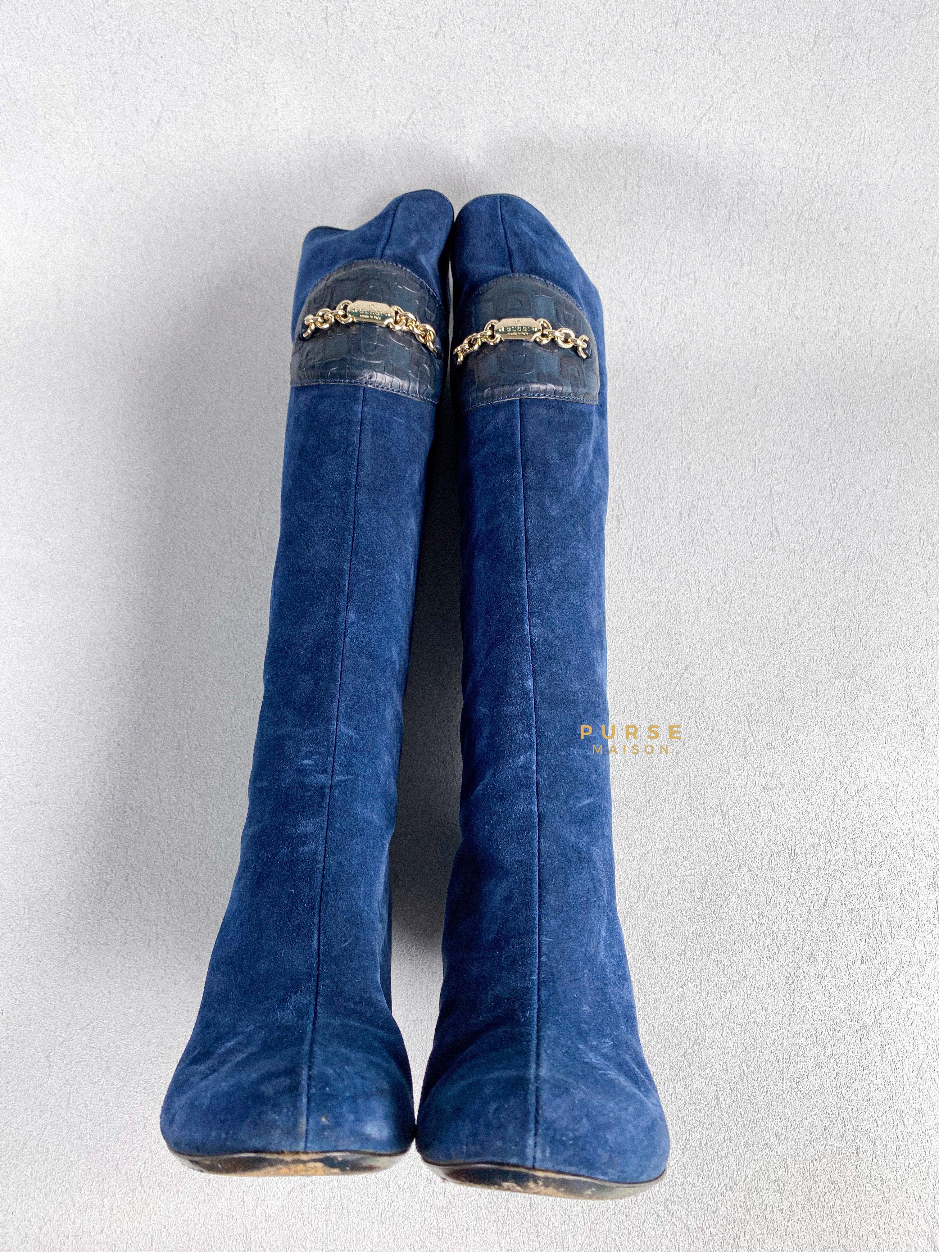 Gucci Suede Blue Knee-Length Boots Size 35 EU | Purse Maison Luxury Bags Shop