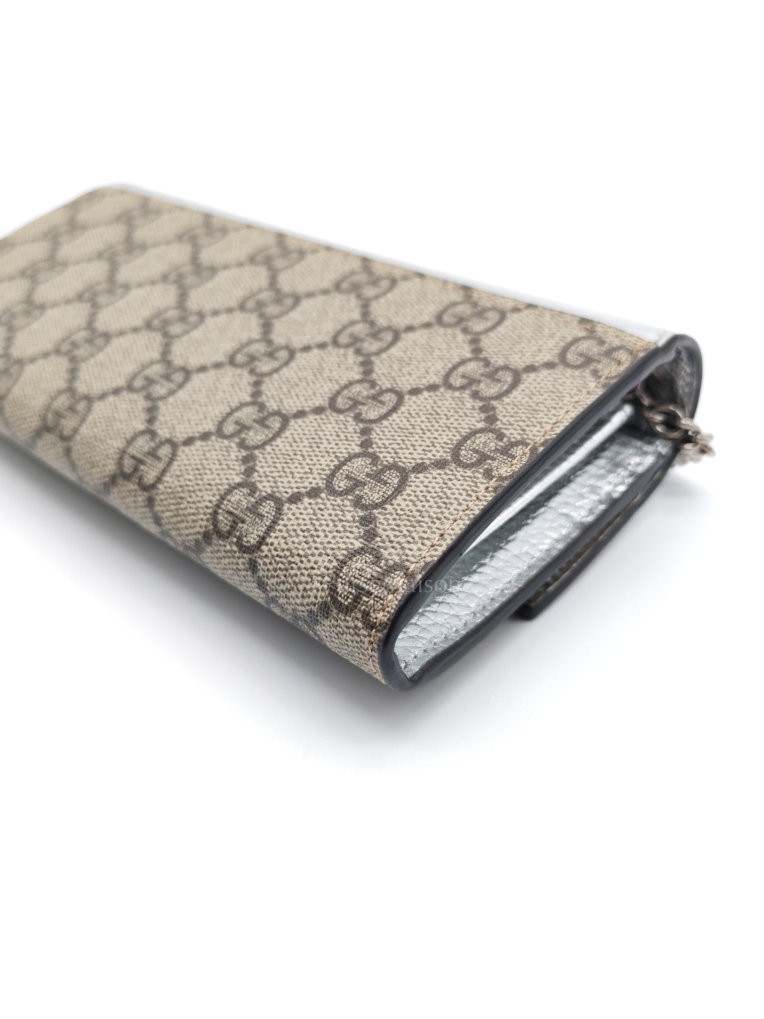 Gucci Supreme Continental Wallet On Chain in Metalic Silver Flap Crossbody Bag | Purse Maison Luxury Bags Shop