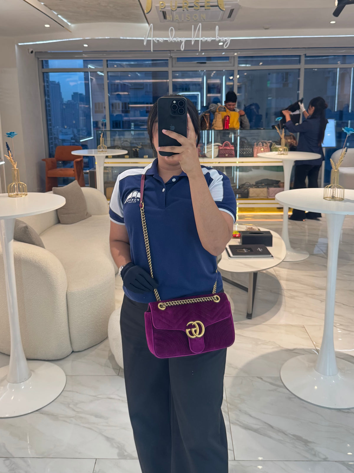 Gucci Velvet Matellase GG Marmont Shoulder Bag in Rich Purple Velvet Fabric and Aged Gold Hardware | Purse Maison Luxury Bags Shop