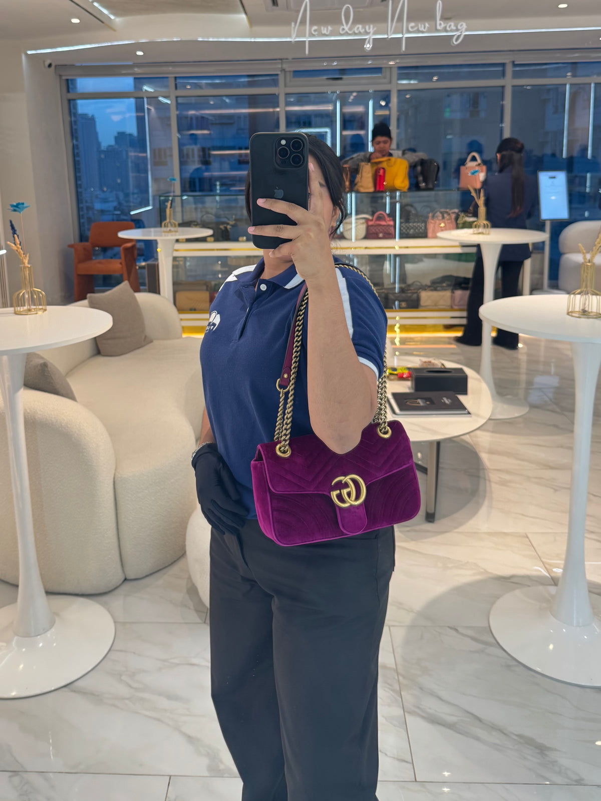 Gucci Velvet Matellase GG Marmont Shoulder Bag in Rich Purple Velvet Fabric and Aged Gold Hardware | Purse Maison Luxury Bags Shop
