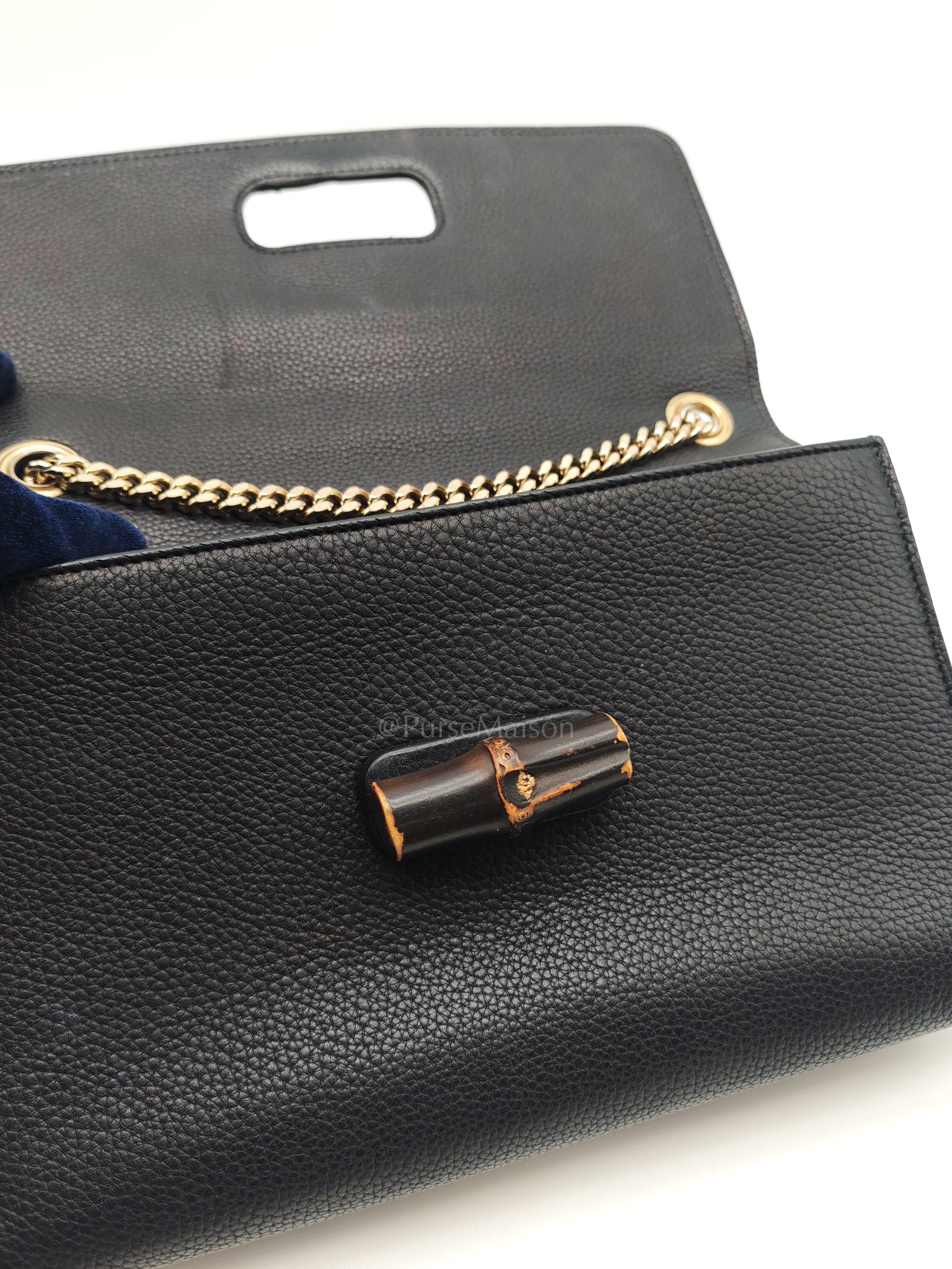 Gucci Miss Bamboo Shoulder Bag in Black Grained Leather