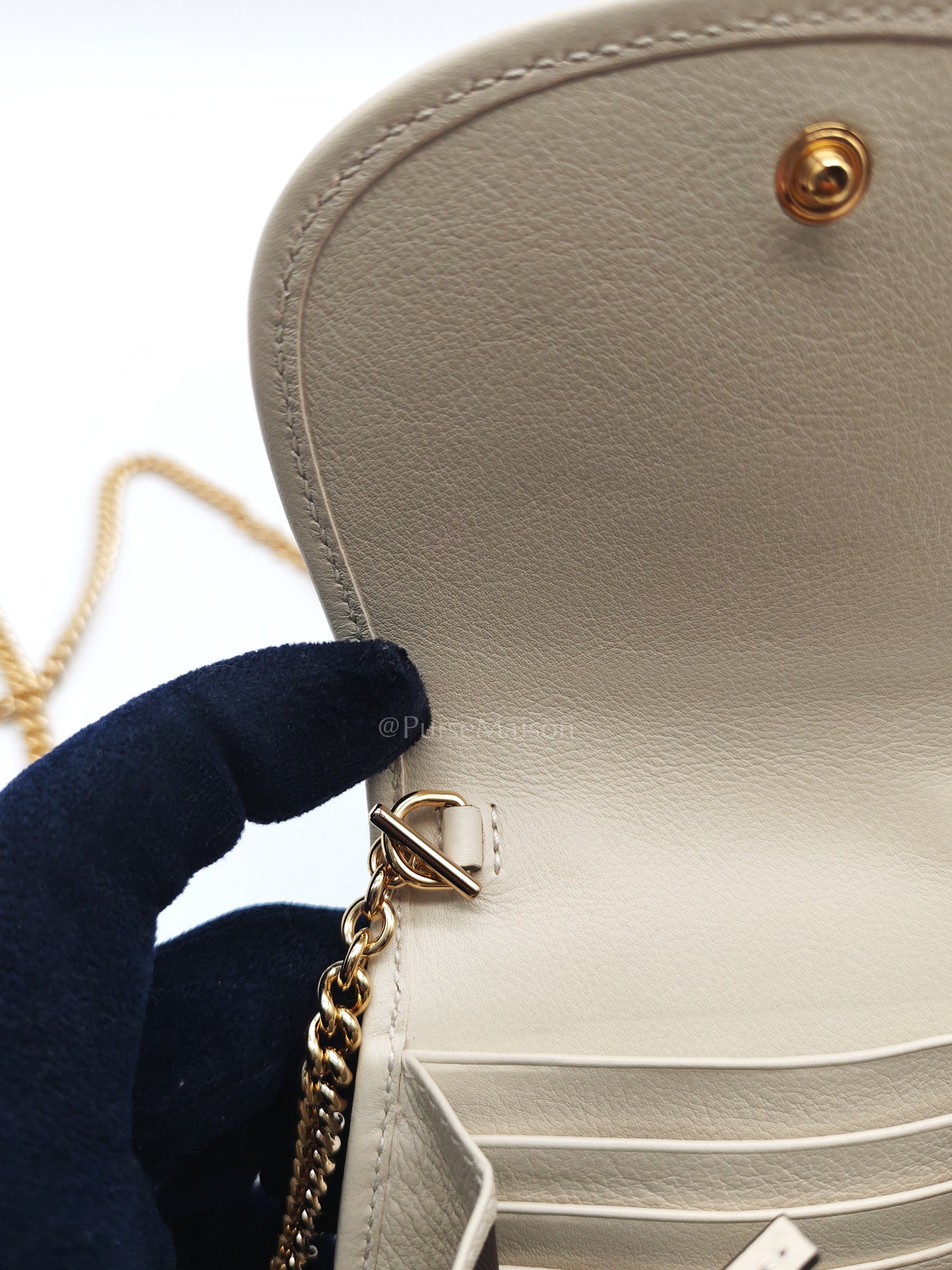 Blondie Card Case Wallet in Mystic White Calfskin with Chain Strap