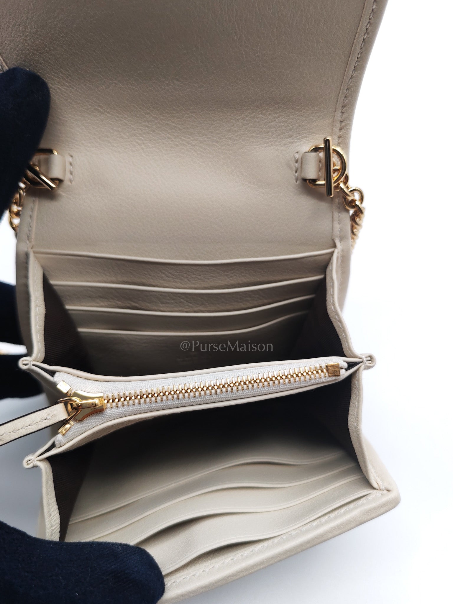 Blondie Card Case Wallet in Mystic White Calfskin with Chain Strap