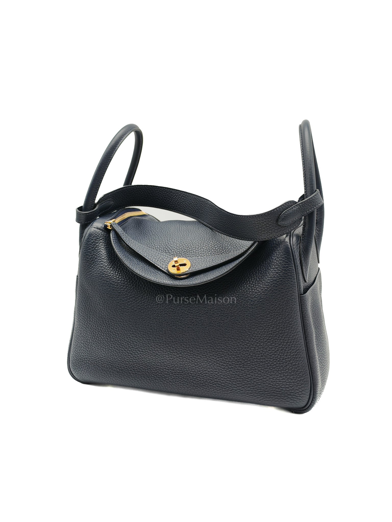 Lindy 30 in Blue Navy Clemence Leather & Gold Hardware Stamp X (2016)