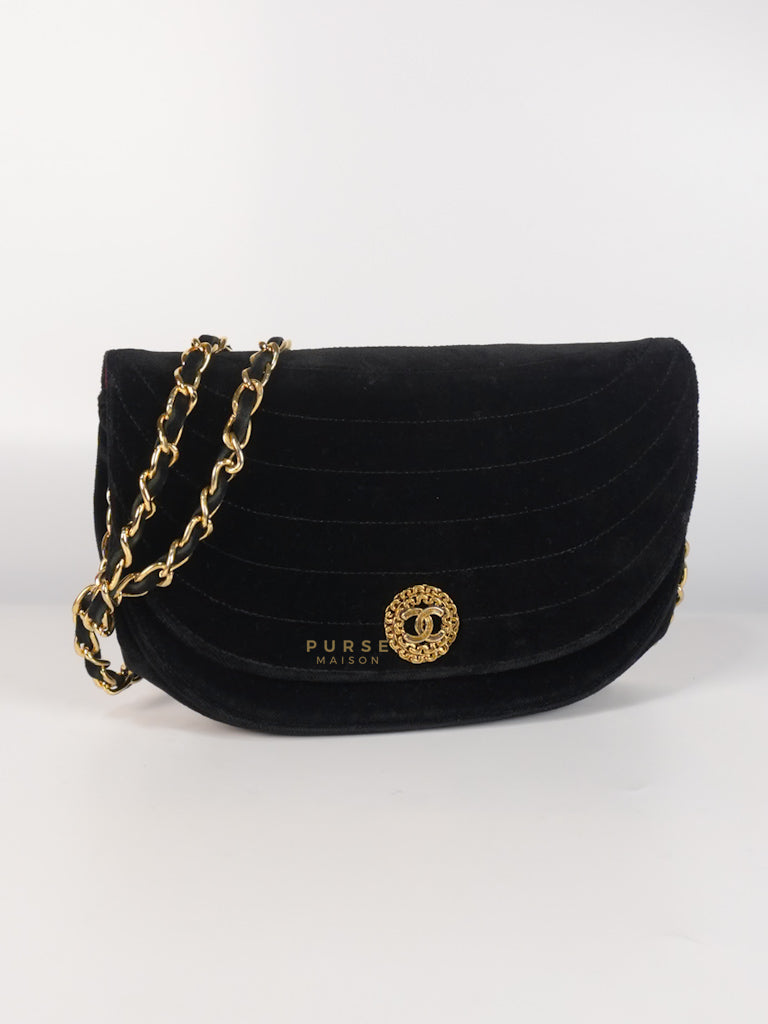 Half Moon Coco Mark Shoulder Bag Small in Black Velvet Suede Leather Gold Hardware Series 20 | Purse Maison Luxury Bags Shop