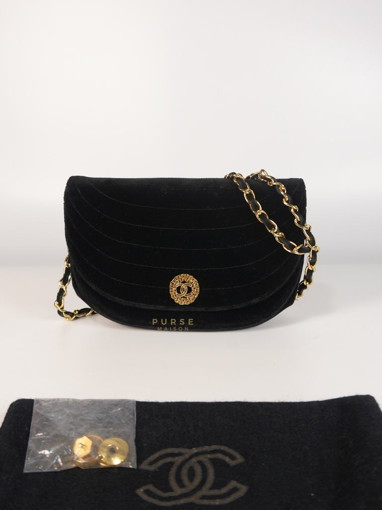 Half Moon Coco Mark Shoulder Bag Small in Black Velvet Suede Leather Gold Hardware Series 20 | Purse Maison Luxury Bags Shop