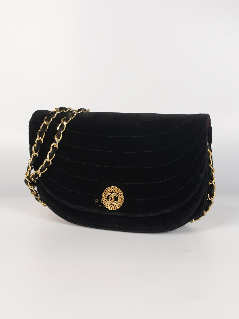 Half Moon Coco Mark Shoulder Bag Small in Black Velvet Suede Leather Gold Hardware Series 20 | Purse Maison Luxury Bags Shop