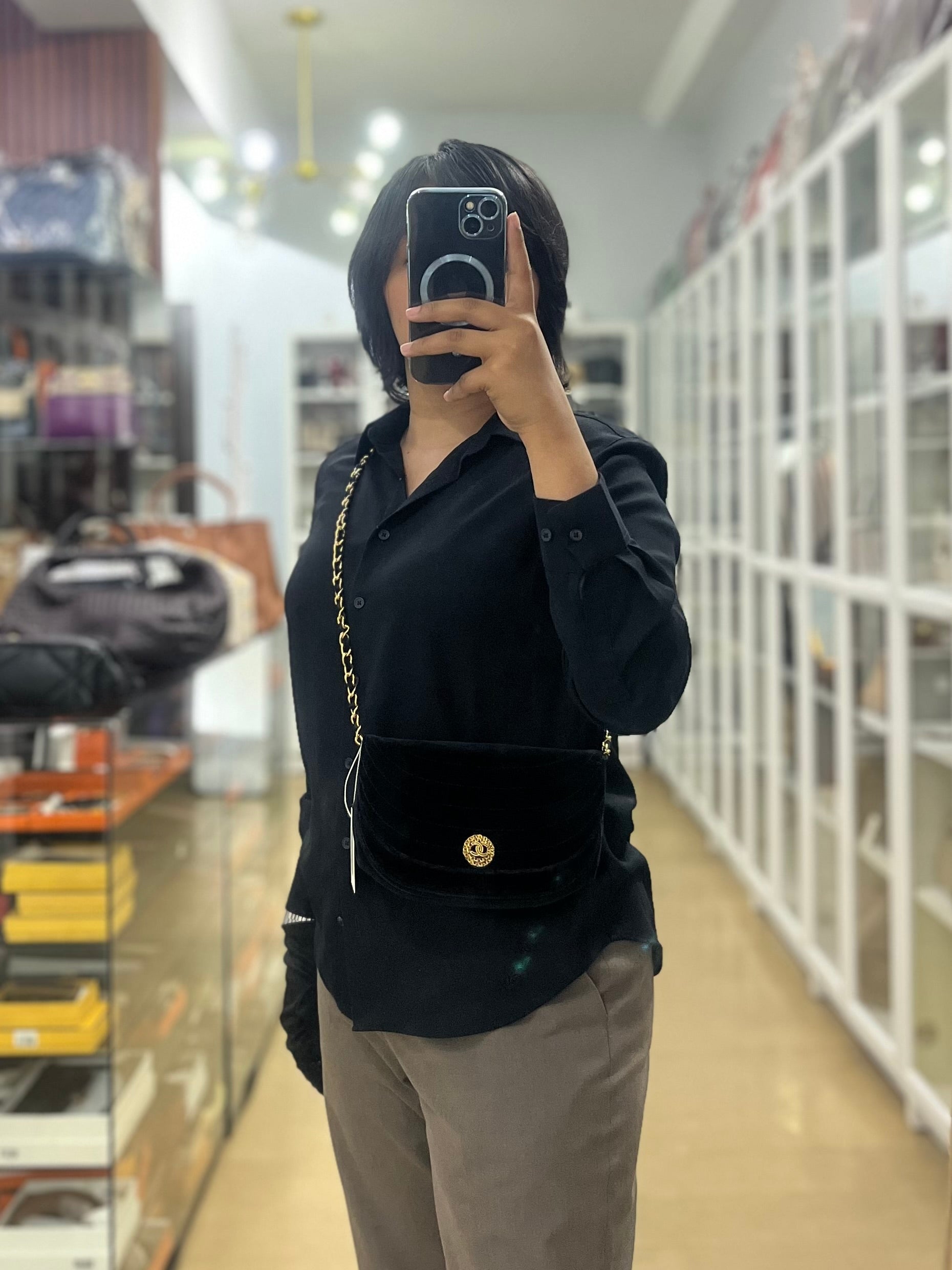 Half Moon Coco Mark Shoulder Bag Small in Black Velvet Suede Leather Gold Hardware Series 20 | Purse Maison Luxury Bags Shop