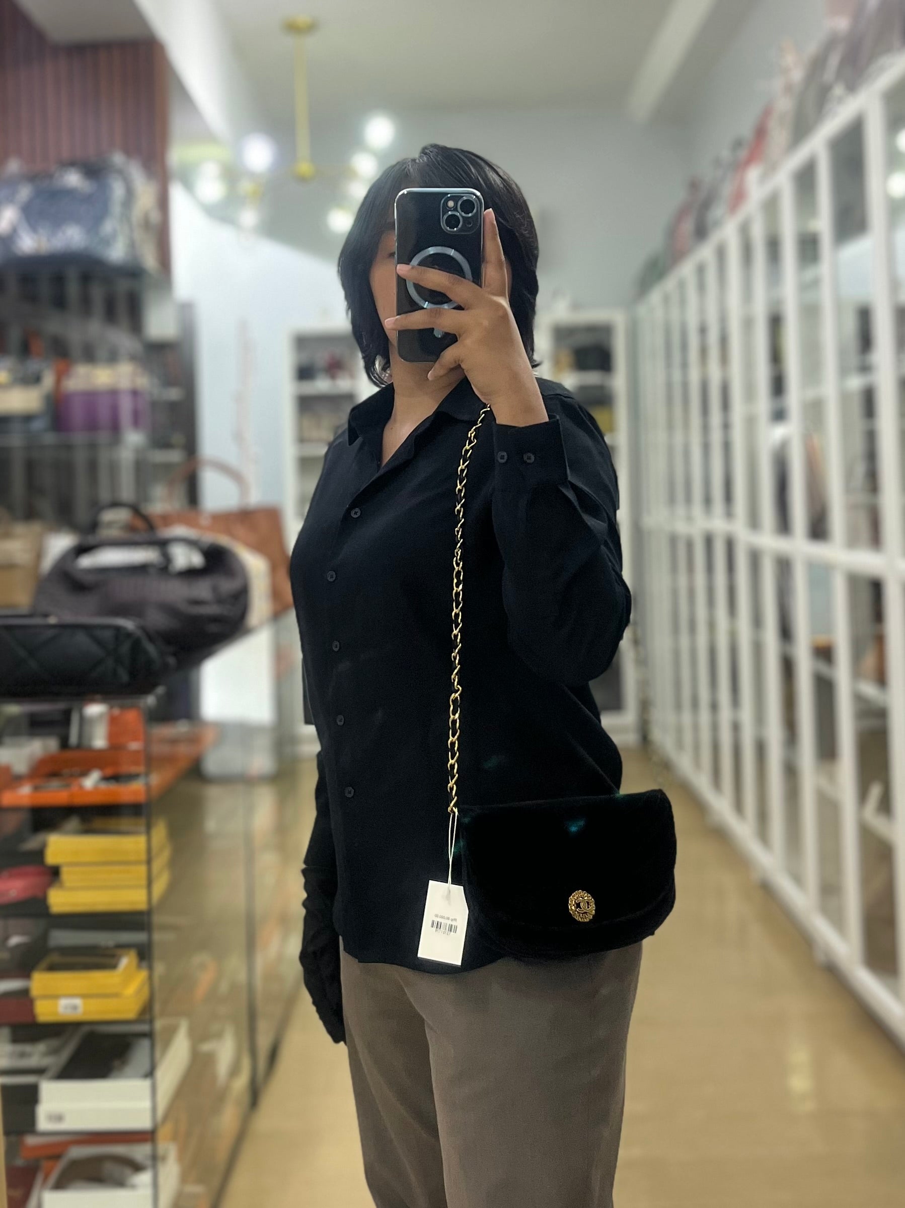 Half Moon Coco Mark Shoulder Bag Small in Black Velvet Suede Leather Gold Hardware Series 20 | Purse Maison Luxury Bags Shop