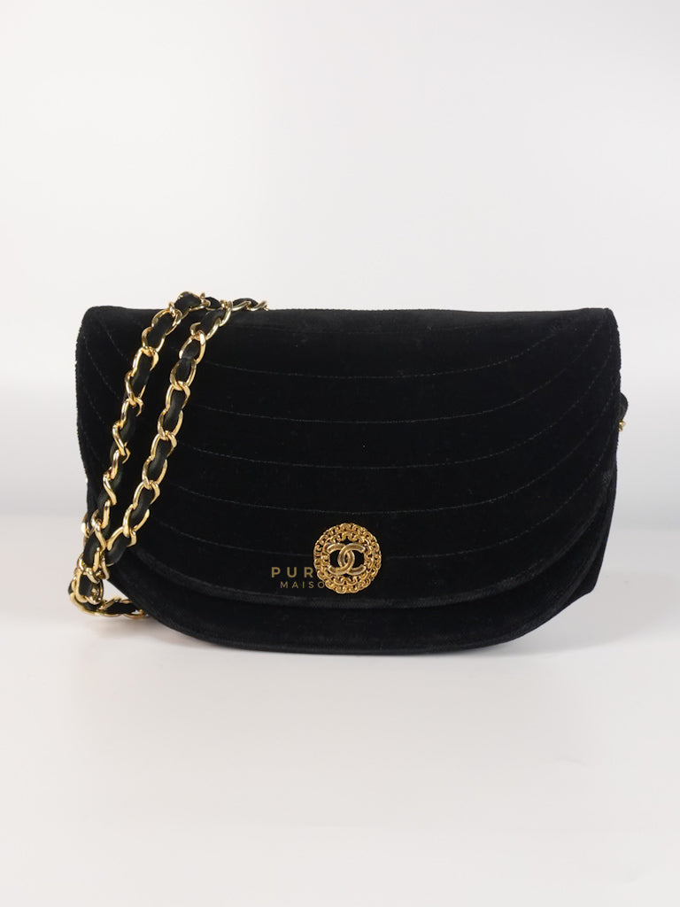 Half Moon Coco Mark Shoulder Bag Small in Black Velvet Suede Leather Gold Hardware Series 20 | Purse Maison Luxury Bags Shop